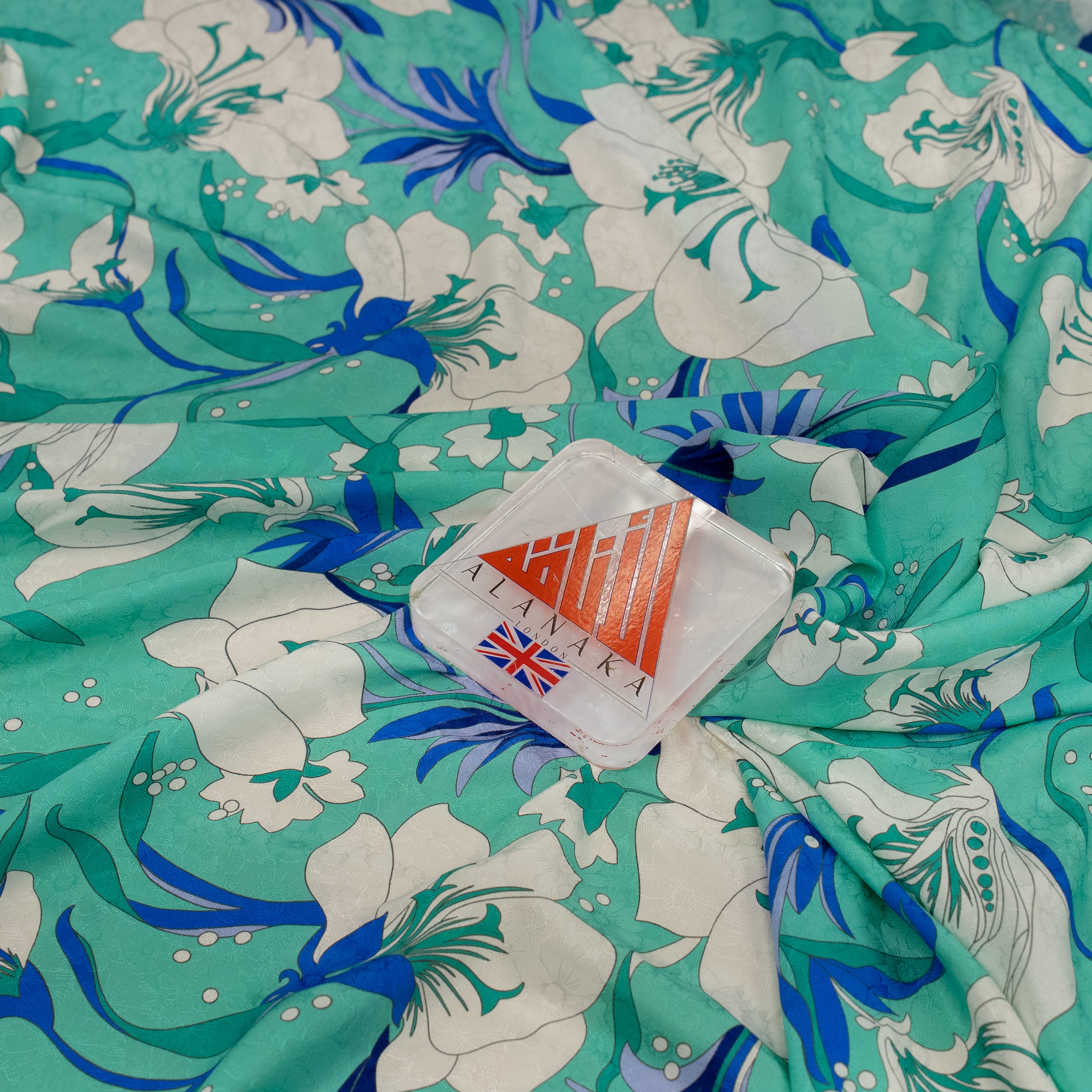 Silk Jacquard - Floral - White Nouveau-inspired Flowers on Teal