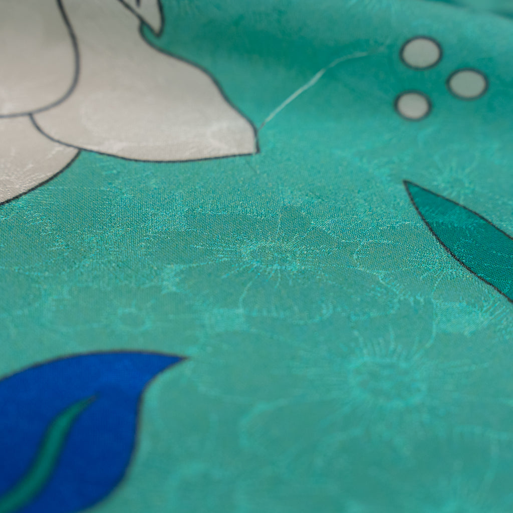 Silk Jacquard - Floral - White Nouveau-inspired Flowers on Teal