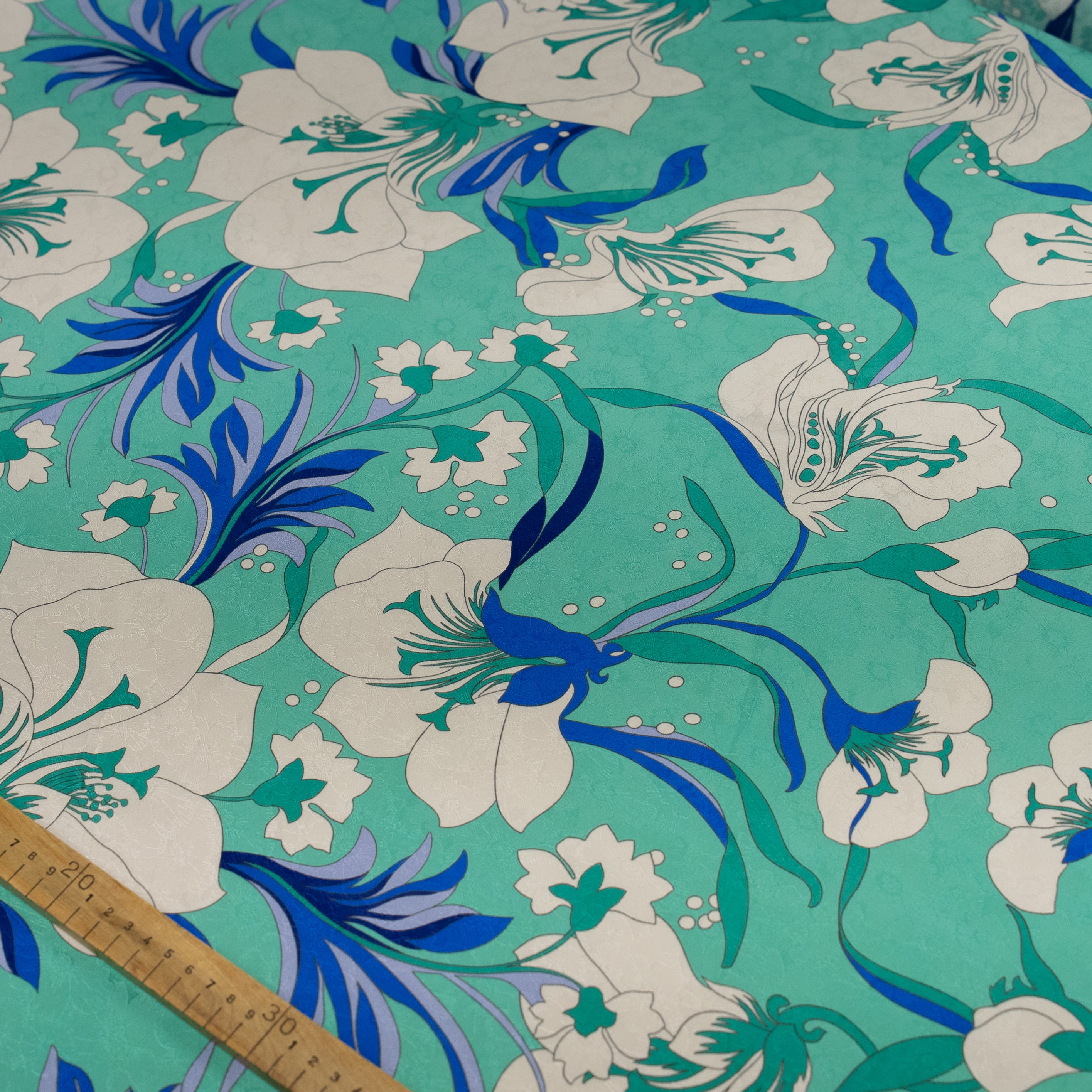 Silk Jacquard - Floral - White Nouveau-inspired Flowers on Teal