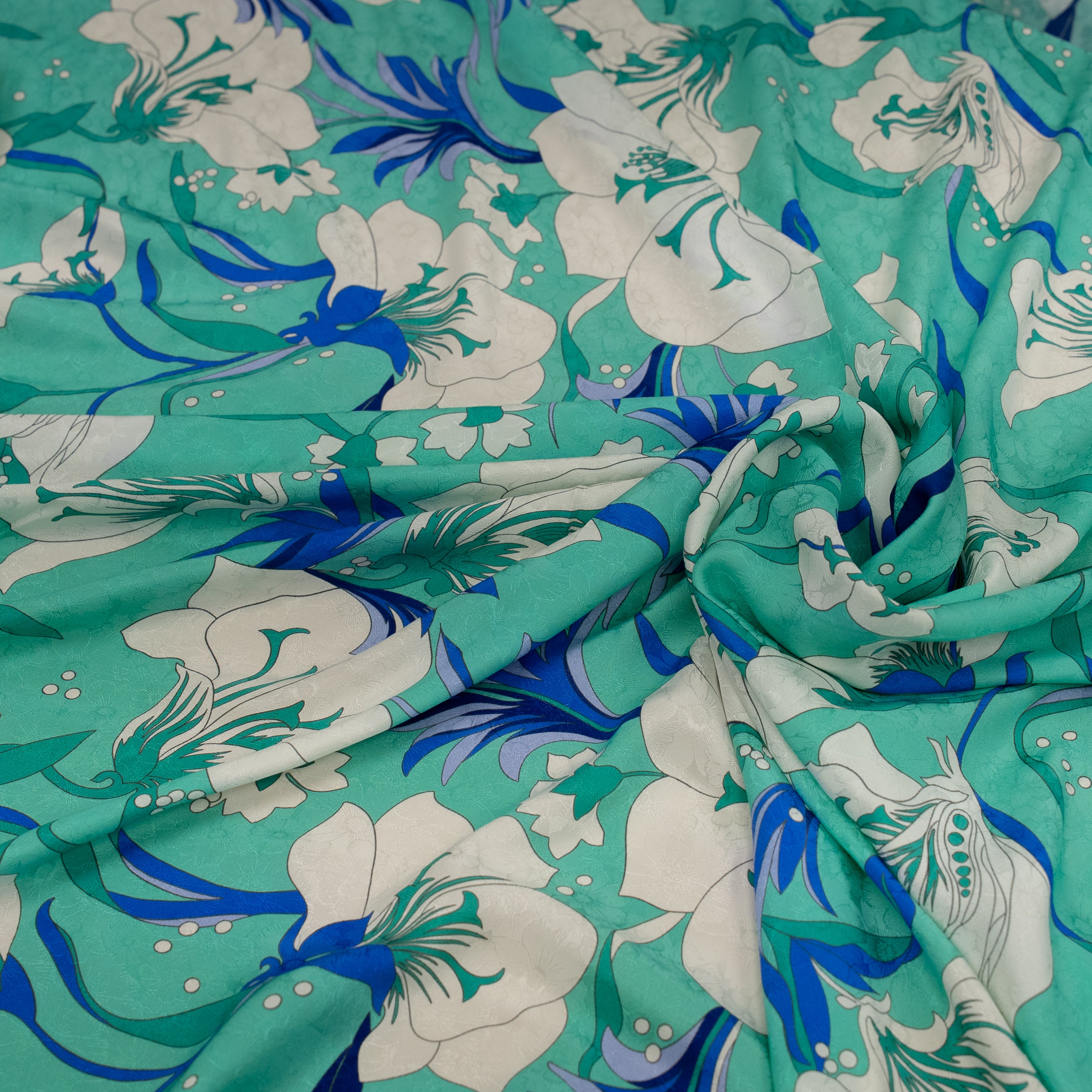 Silk Jacquard - Floral - White Nouveau-inspired Flowers on Teal