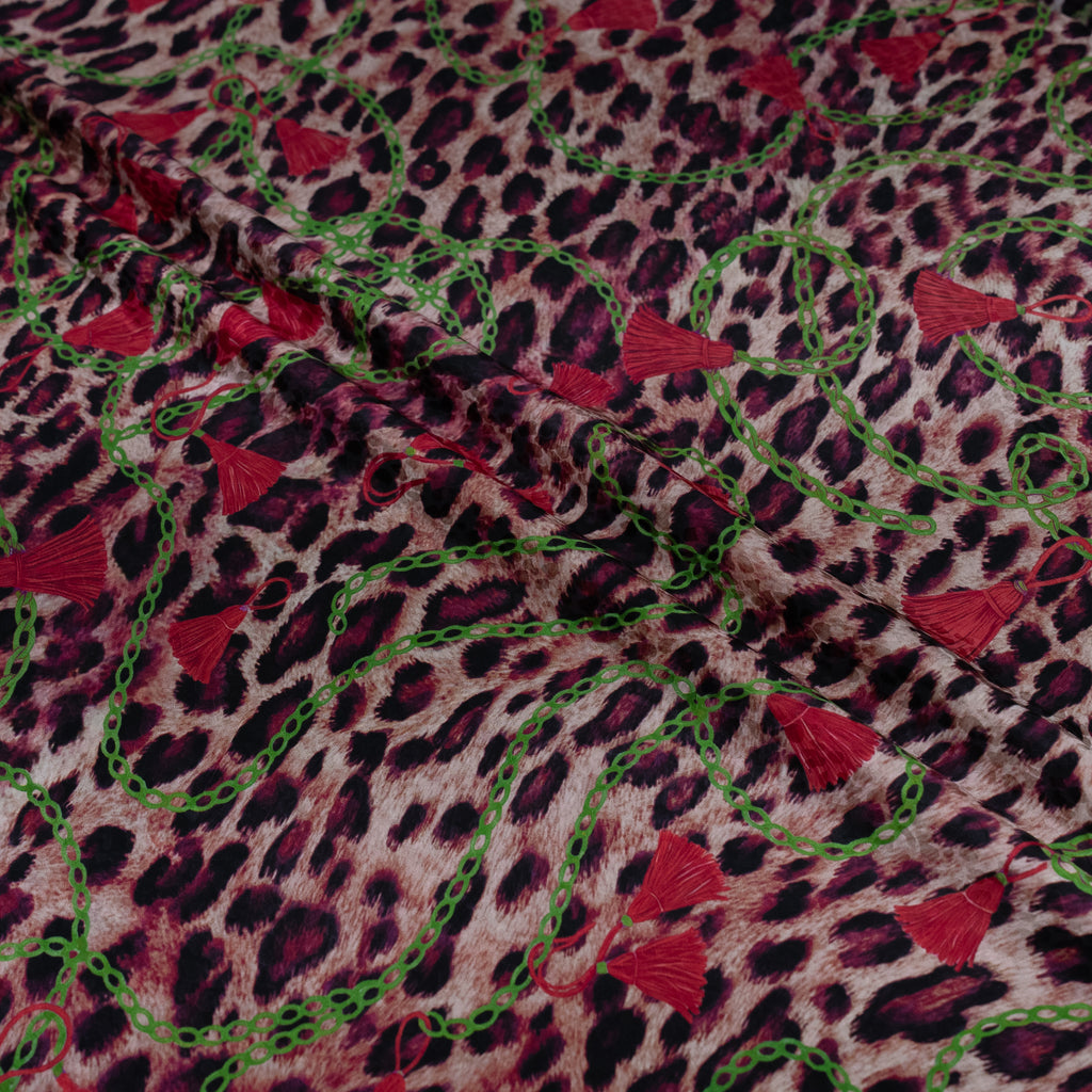 Silk Jacquard - Jewels - Red & Pink on Leopard Print