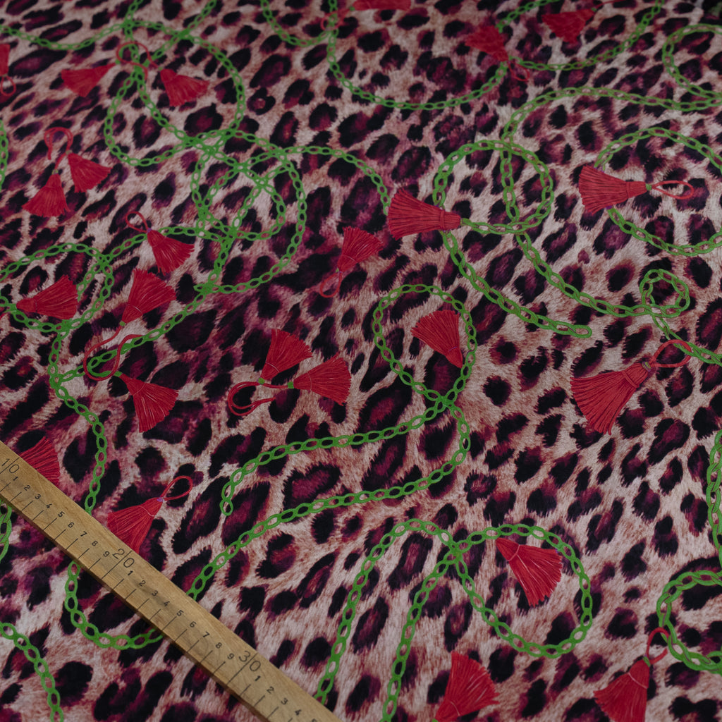 Silk Jacquard - Jewels - Red & Pink on Leopard Print