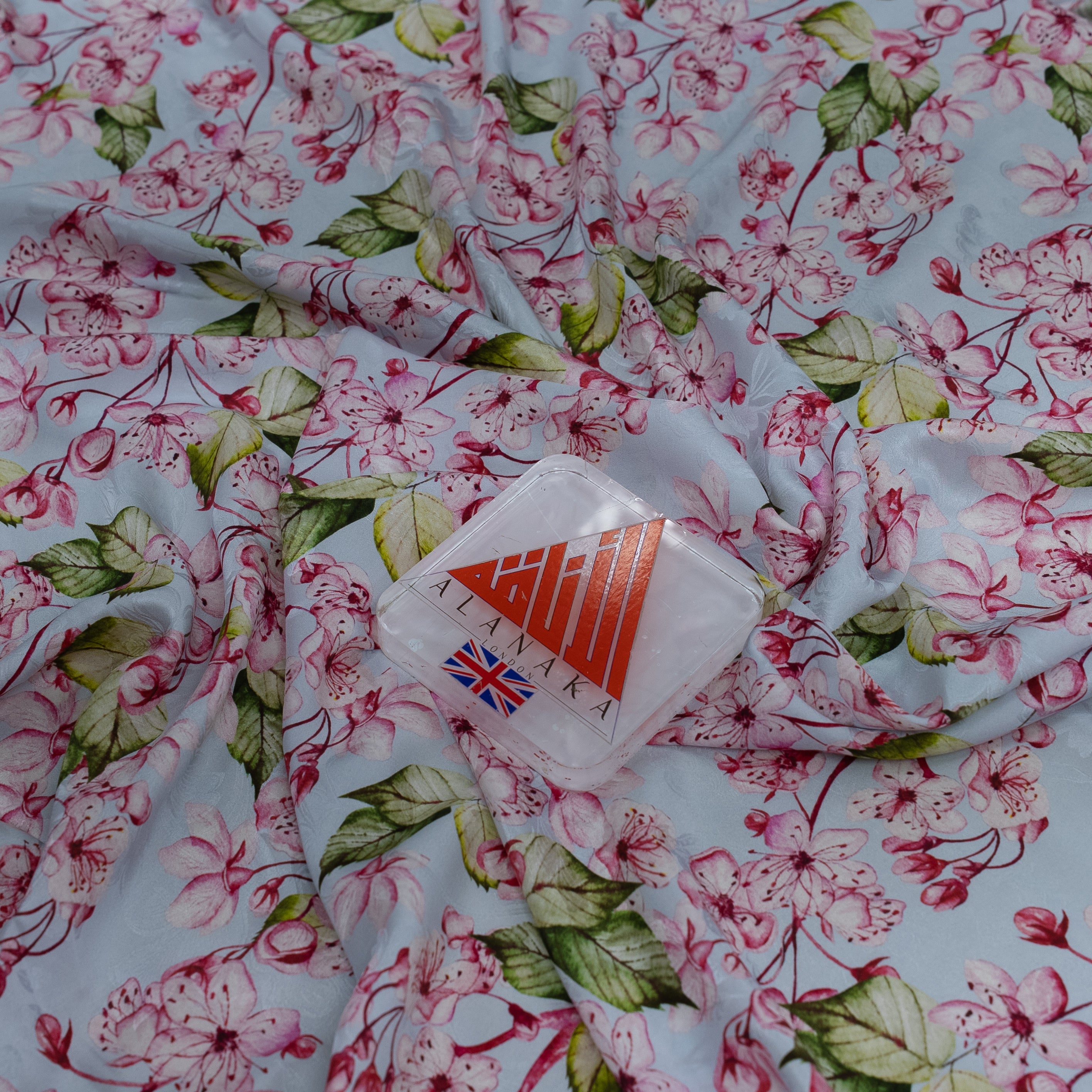 Silk Jacquard - Floral - Pink Flowers on Light Blue