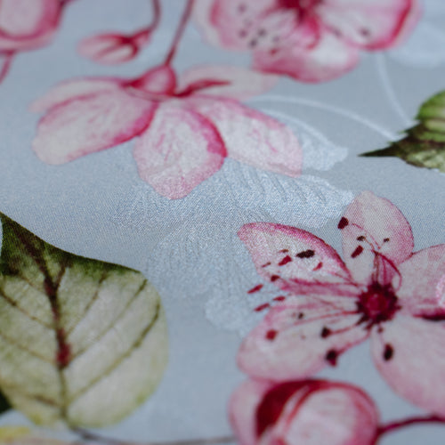 Silk Jacquard - Floral - Pink Flowers on Light Blue