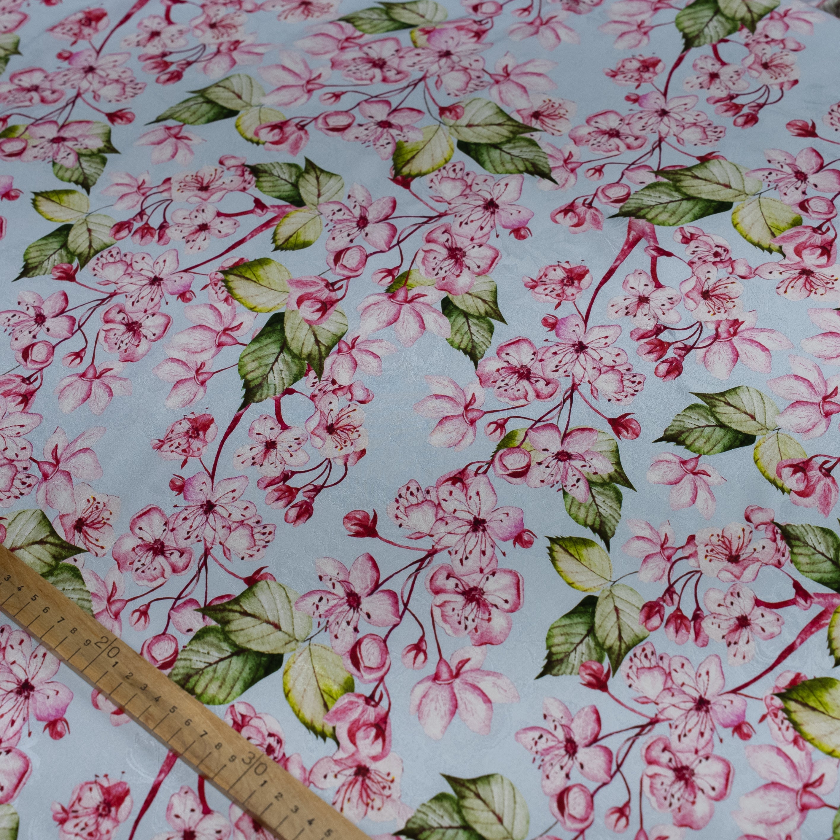 Silk Jacquard - Floral - Pink Flowers on Light Blue