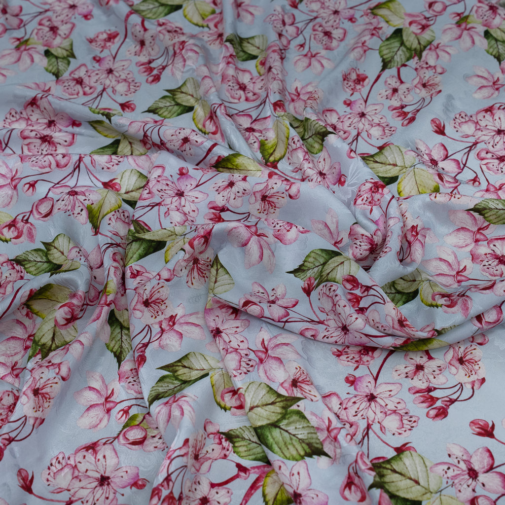 Silk Jacquard - Floral - Pink Flowers on Light Blue