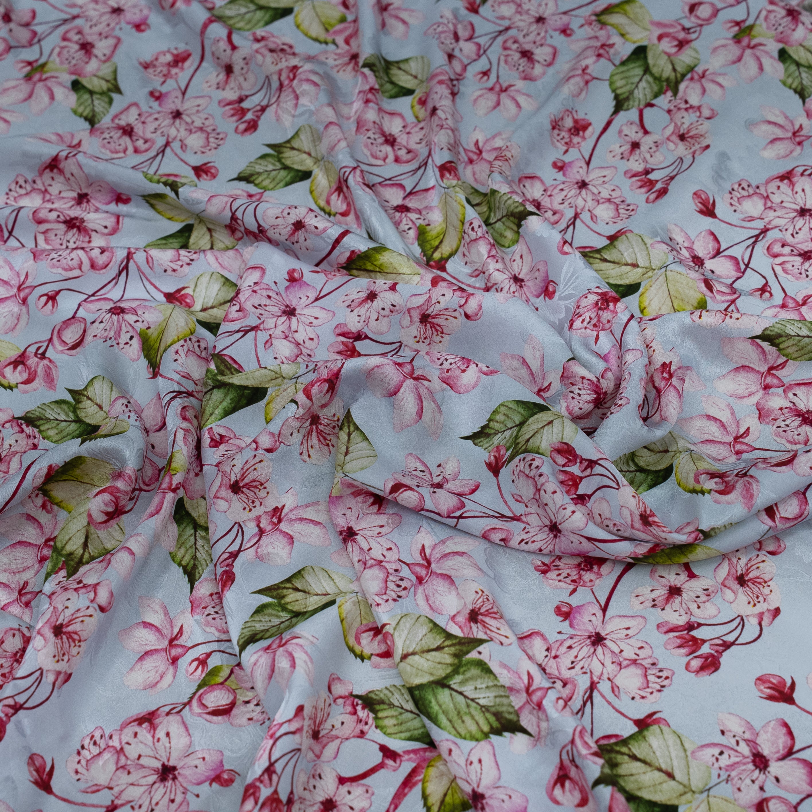 Silk Jacquard - Floral - Pink Flowers on Light Blue