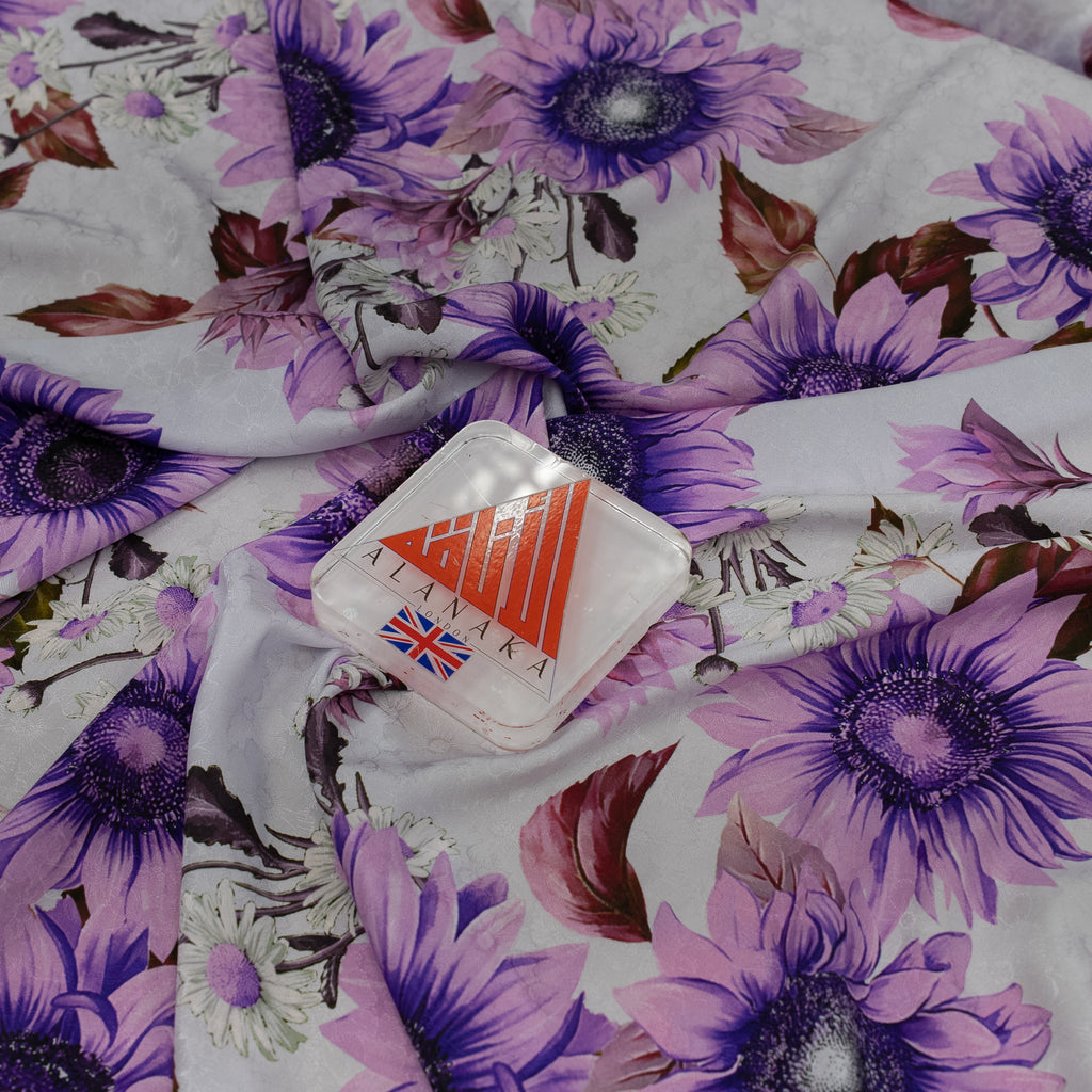 Silk Jacquard - Floral - Big Purple Sunflowers on White