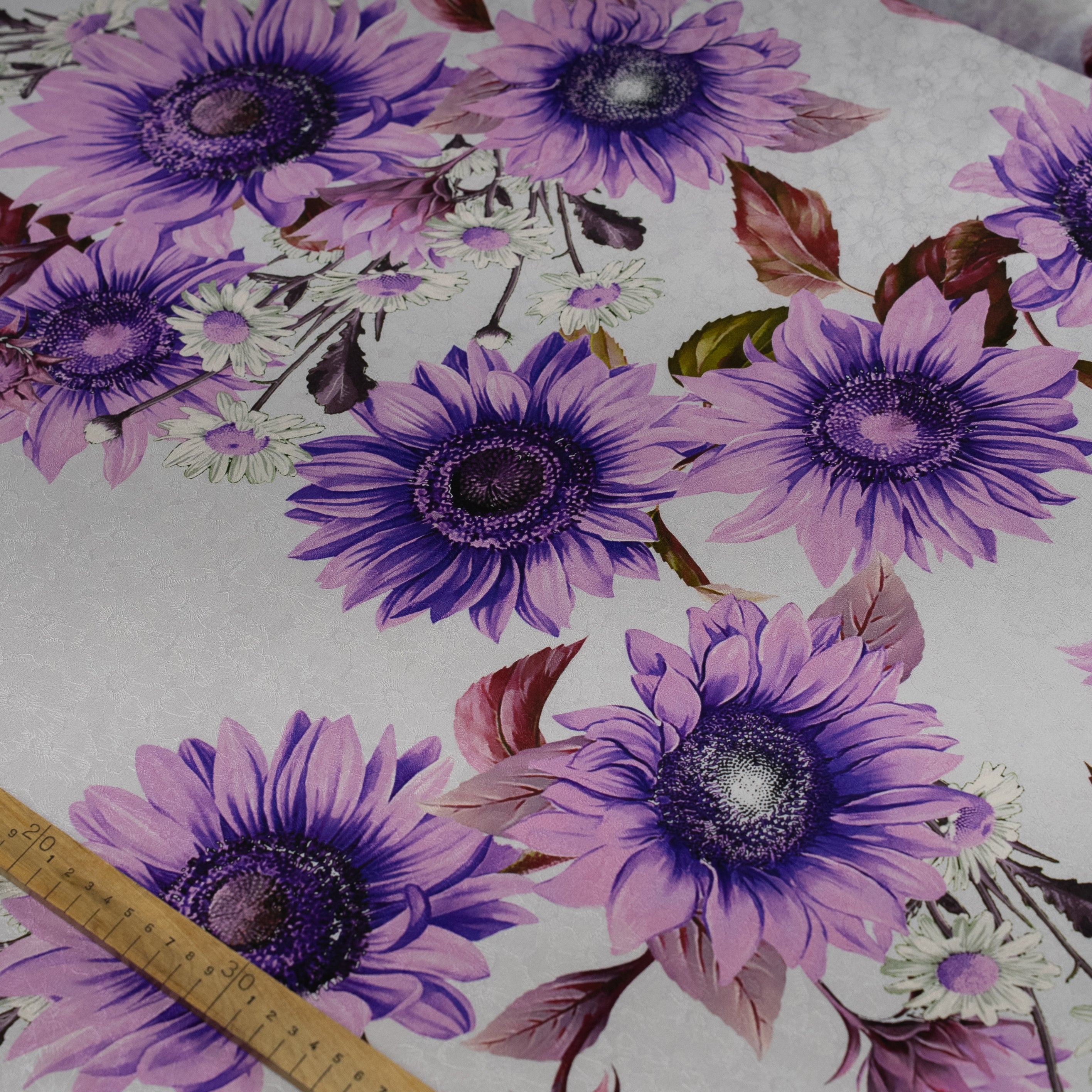 Silk Jacquard - Floral - Big Purple Sunflowers on White