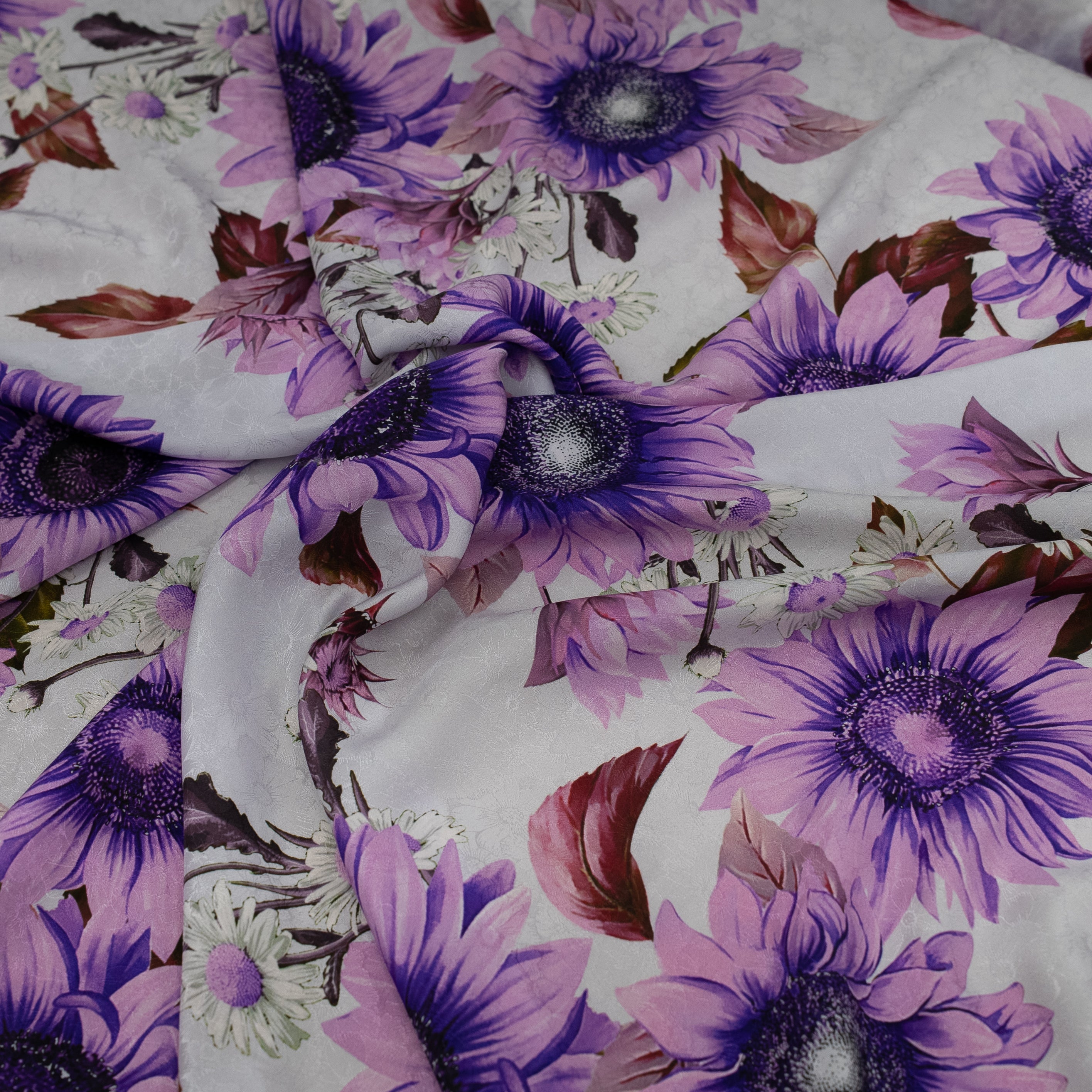 Silk Jacquard - Floral - Big Purple Sunflowers on White