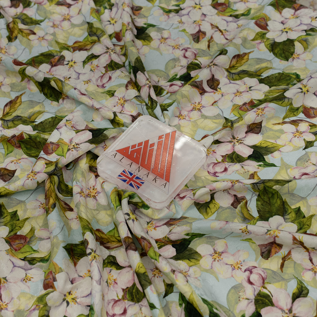 Silk Jacquard - Floral - Green & Pink  Apple-blossom Flowers on Light Blue