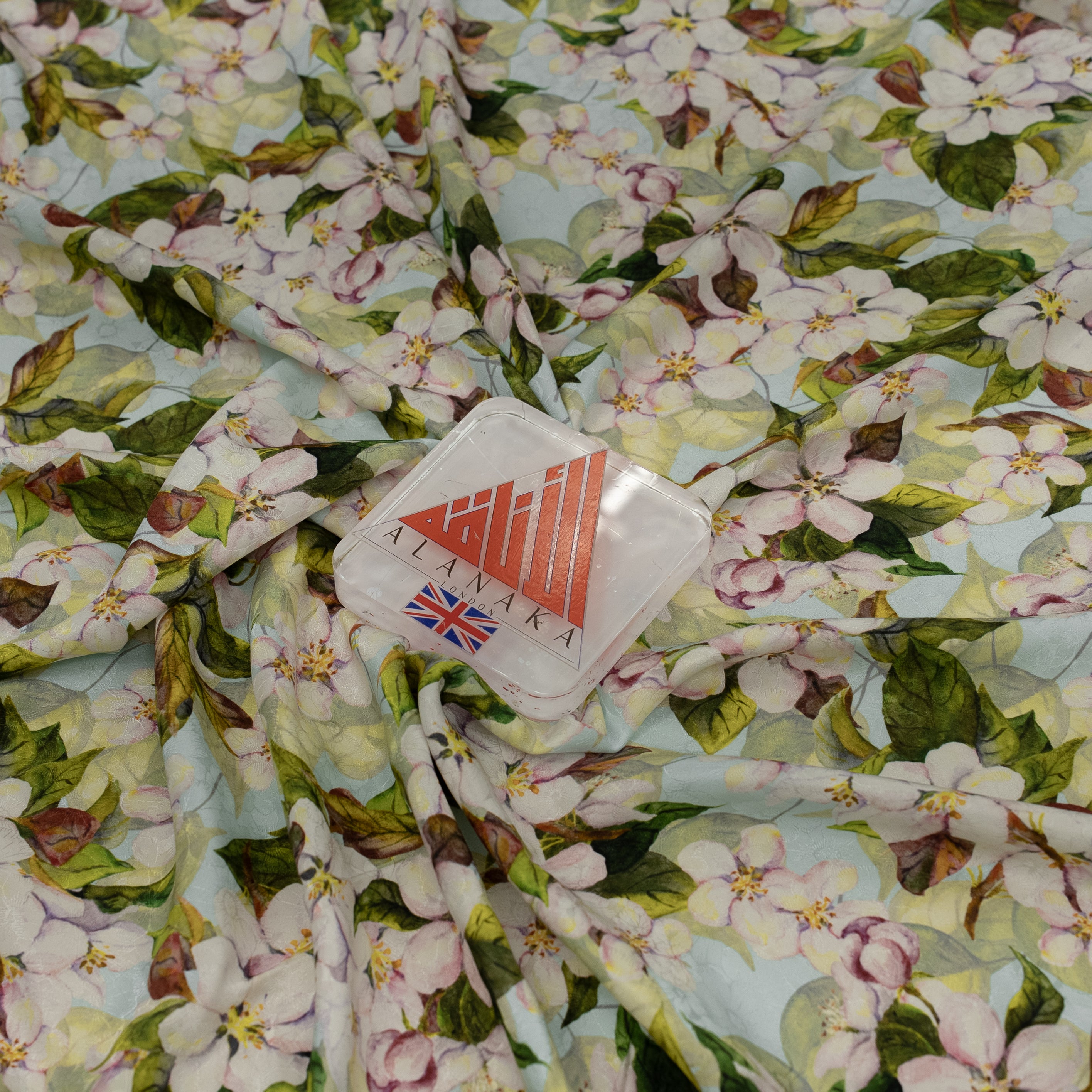 Silk Jacquard - Floral - Green & Pink  Apple-blossom Flowers on Light Blue