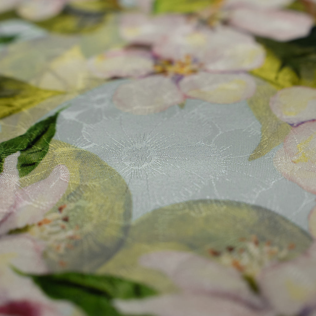 Silk Jacquard - Floral - Green & Pink  Apple-blossom Flowers on Light Blue