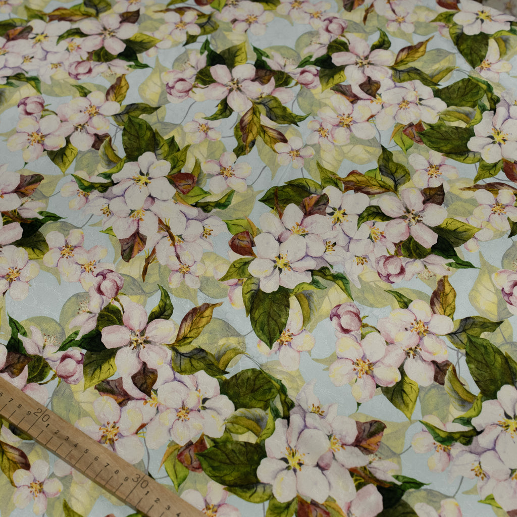 Silk Jacquard - Floral - Green & Pink  Apple-blossom Flowers on Light Blue