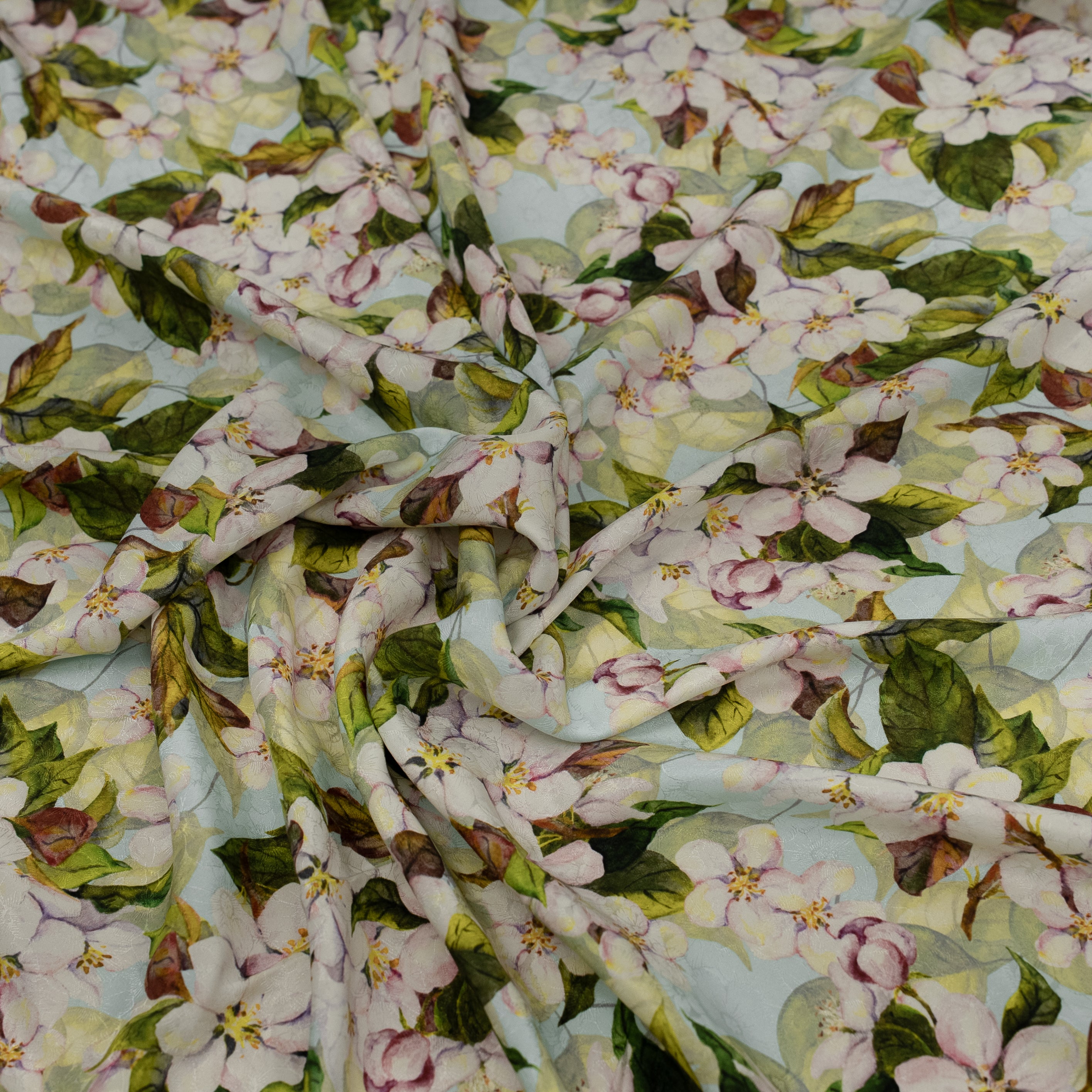 Silk Jacquard - Floral - Green & Pink  Apple-blossom Flowers on Light Blue