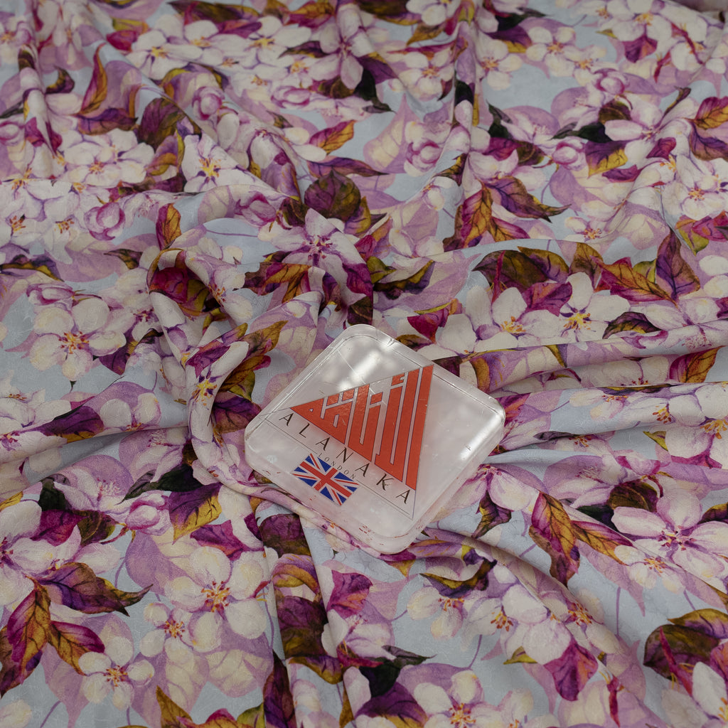 Silk Jacquard - Floral - Purple & White Apple-blossom Flowers on Light Blue