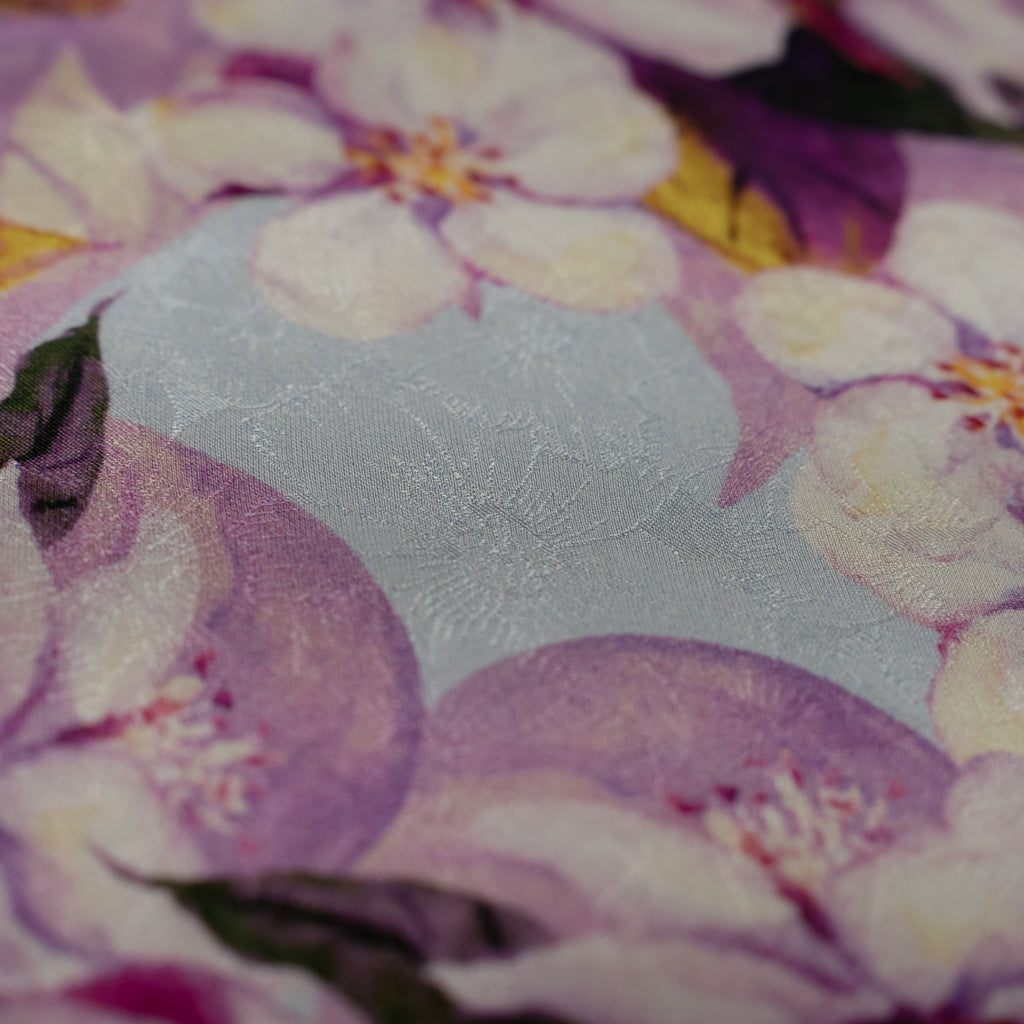 Silk Jacquard - Floral - Purple & White Apple-blossom Flowers on Light Blue