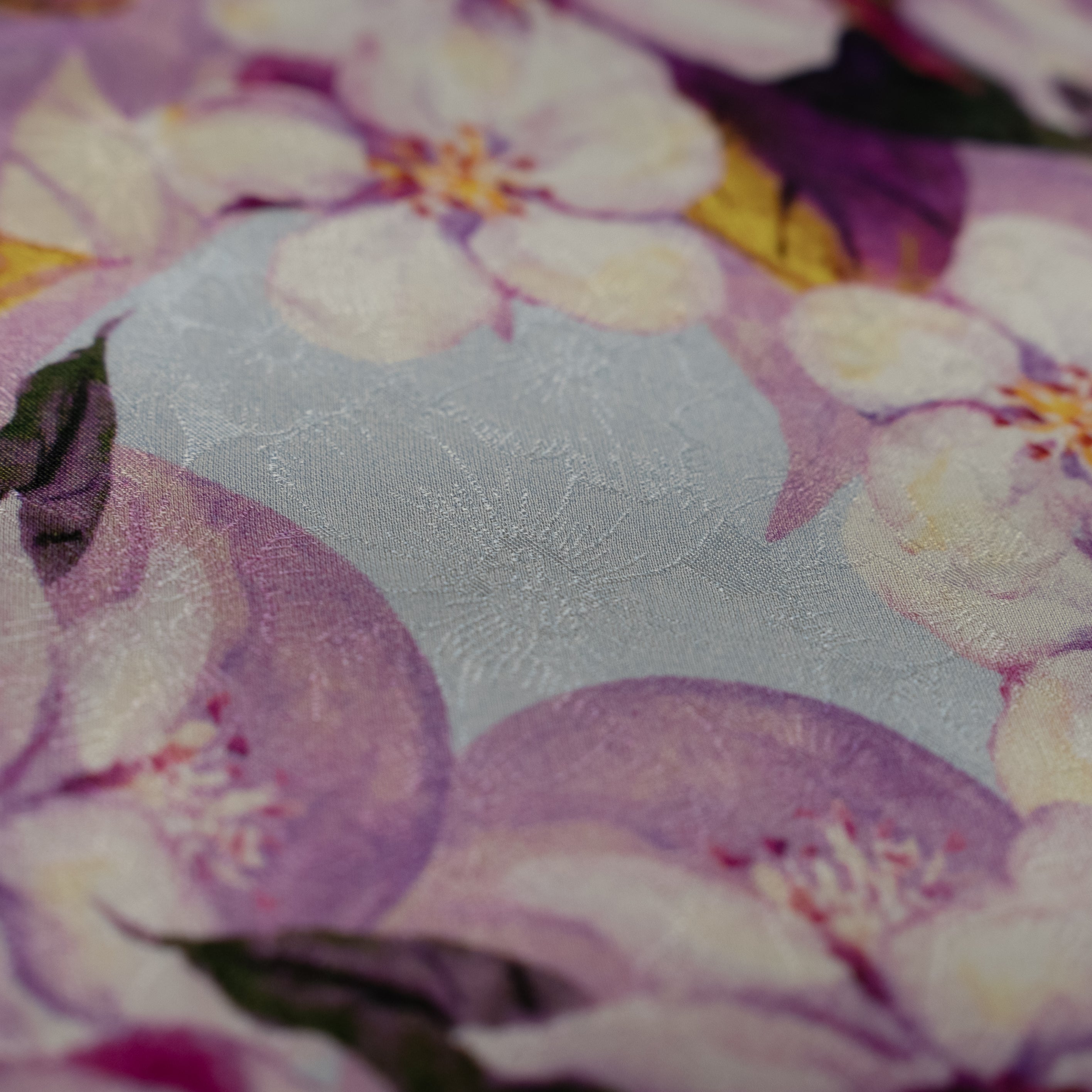 Silk Jacquard - Floral - Purple & White Apple-blossom Flowers on Light Blue