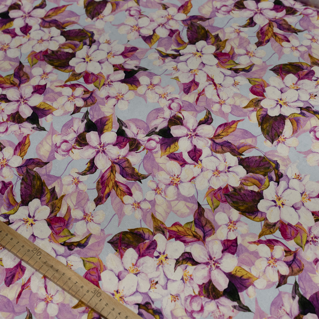 Silk Jacquard - Floral - Purple & White Apple-blossom Flowers on Light Blue