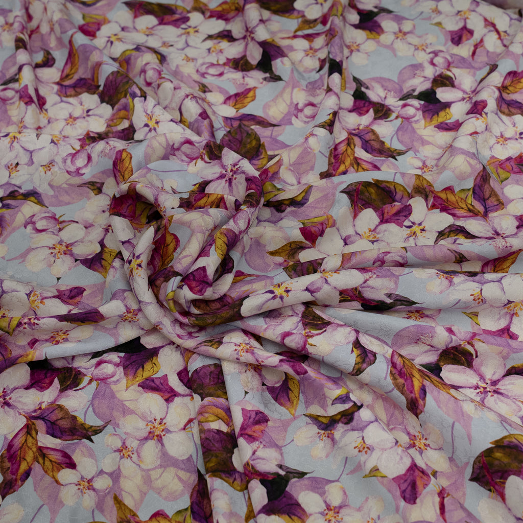 Silk Jacquard - Floral - Purple & White Apple-blossom Flowers on Light Blue