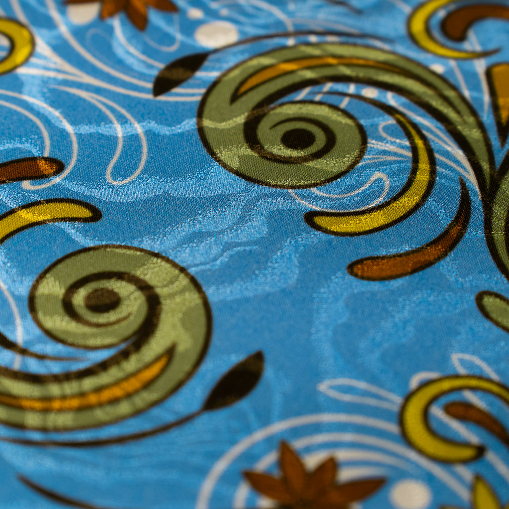 Silk Jacquard - Geometric - Orange Swirl on Azure Blue