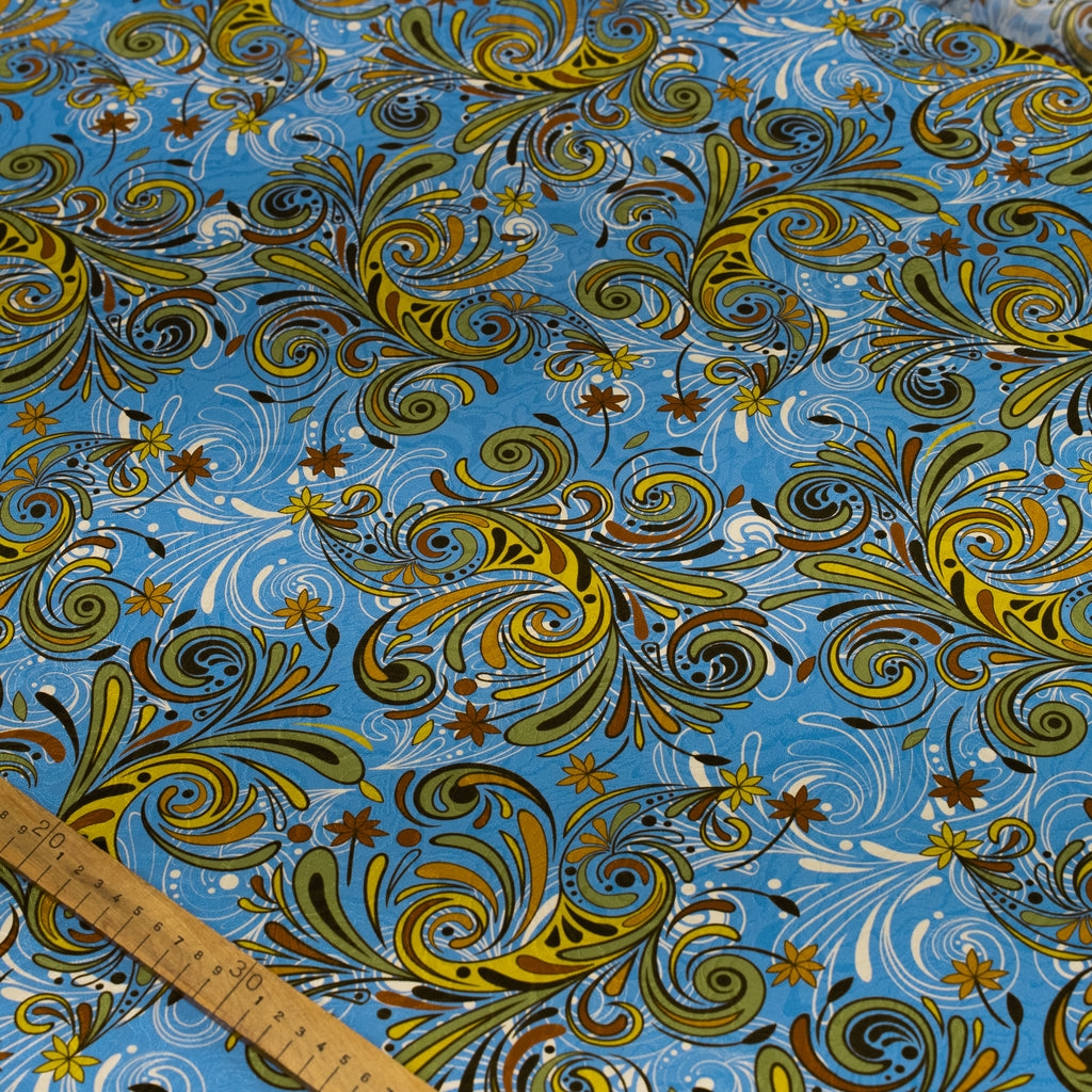 Silk Jacquard - Geometric - Orange Swirl on Azure Blue