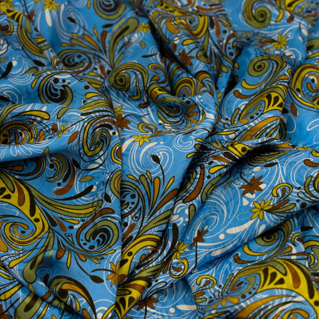 Silk Jacquard - Geometric - Orange Swirl on Azure Blue