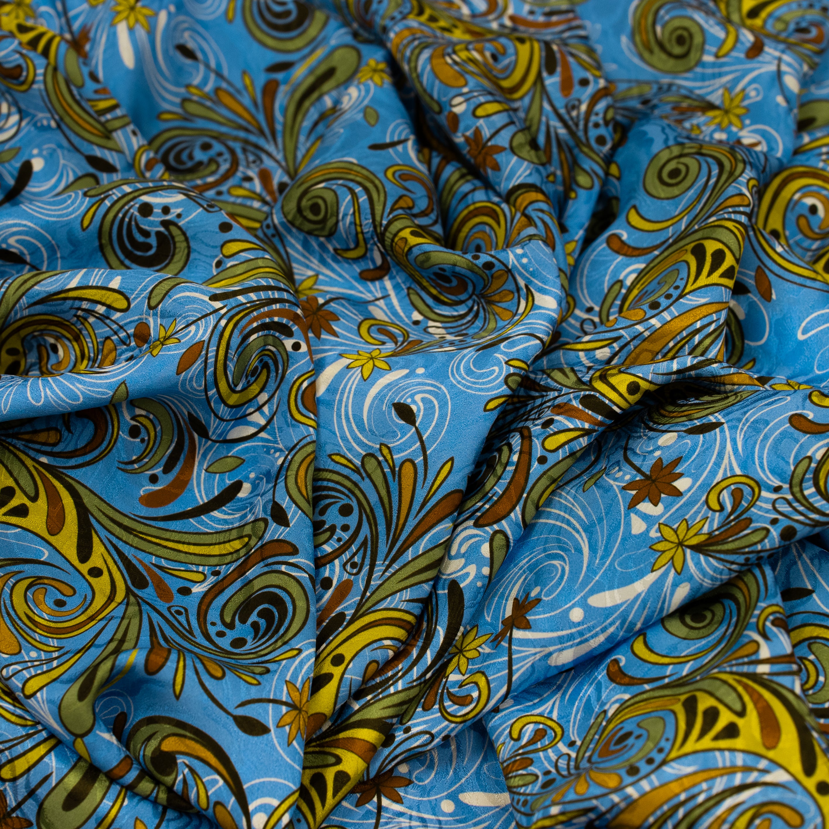 Silk Jacquard - Geometric - Orange Swirl on Azure Blue