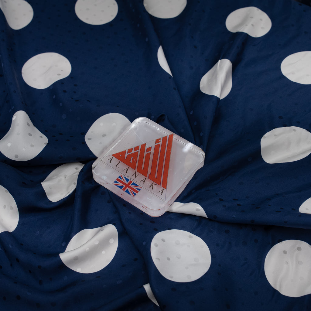 Silk Jacquard - Geometric - White on Blue Polka Dots