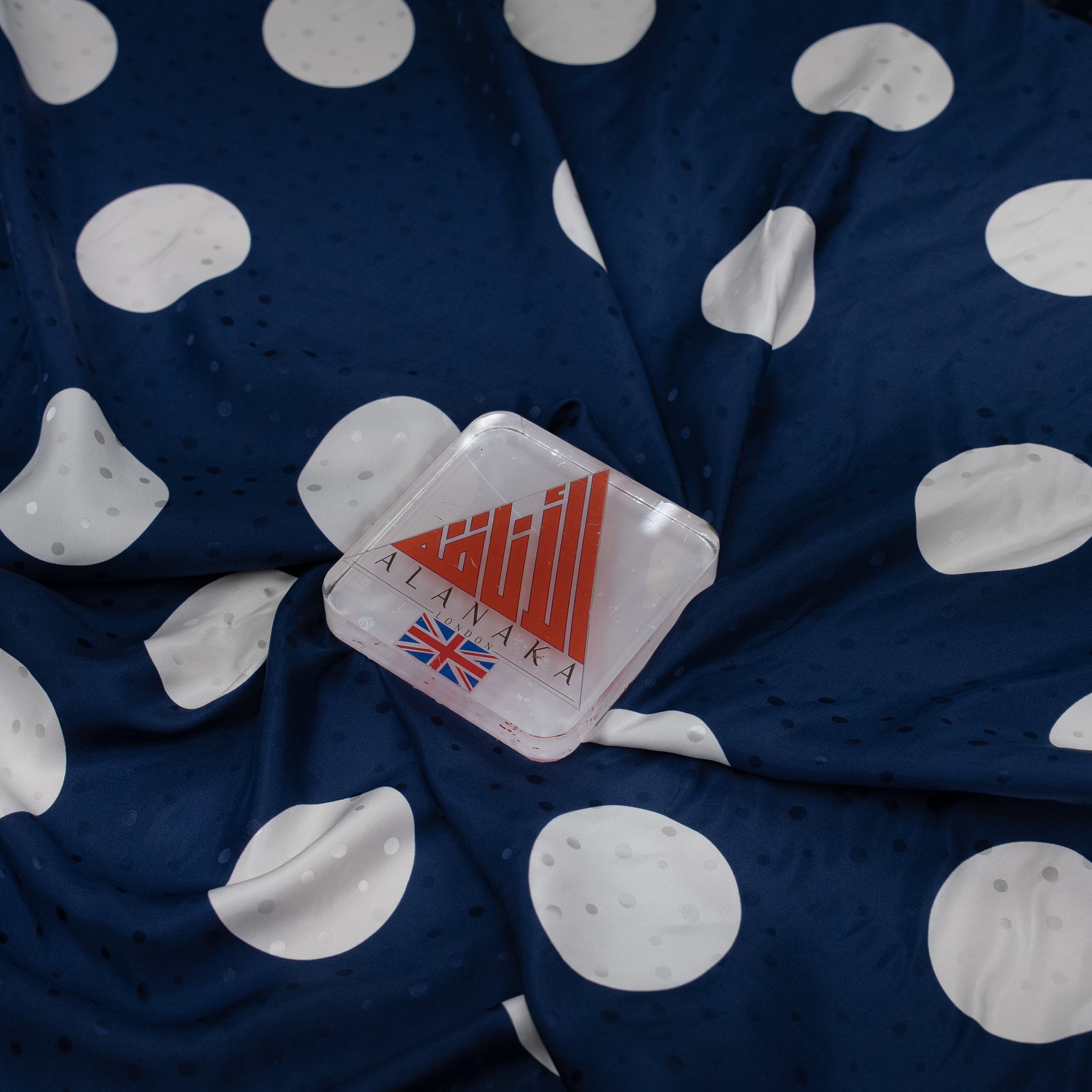 Silk Jacquard - Geometric - White on Blue Polka Dots