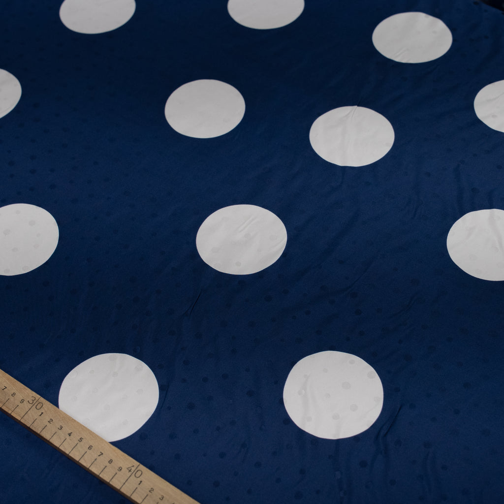 Silk Jacquard - Geometric - White on Blue Polka Dots