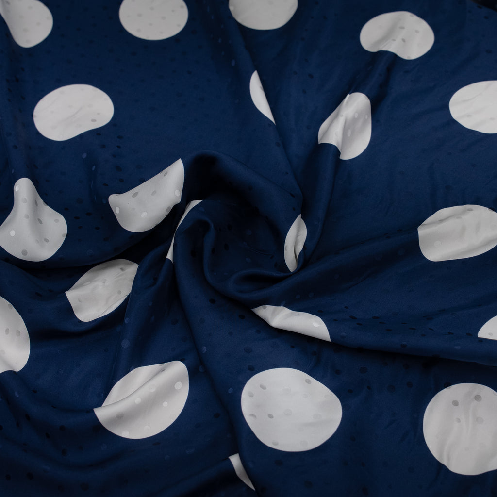 Silk Jacquard - Geometric - White on Blue Polka Dots