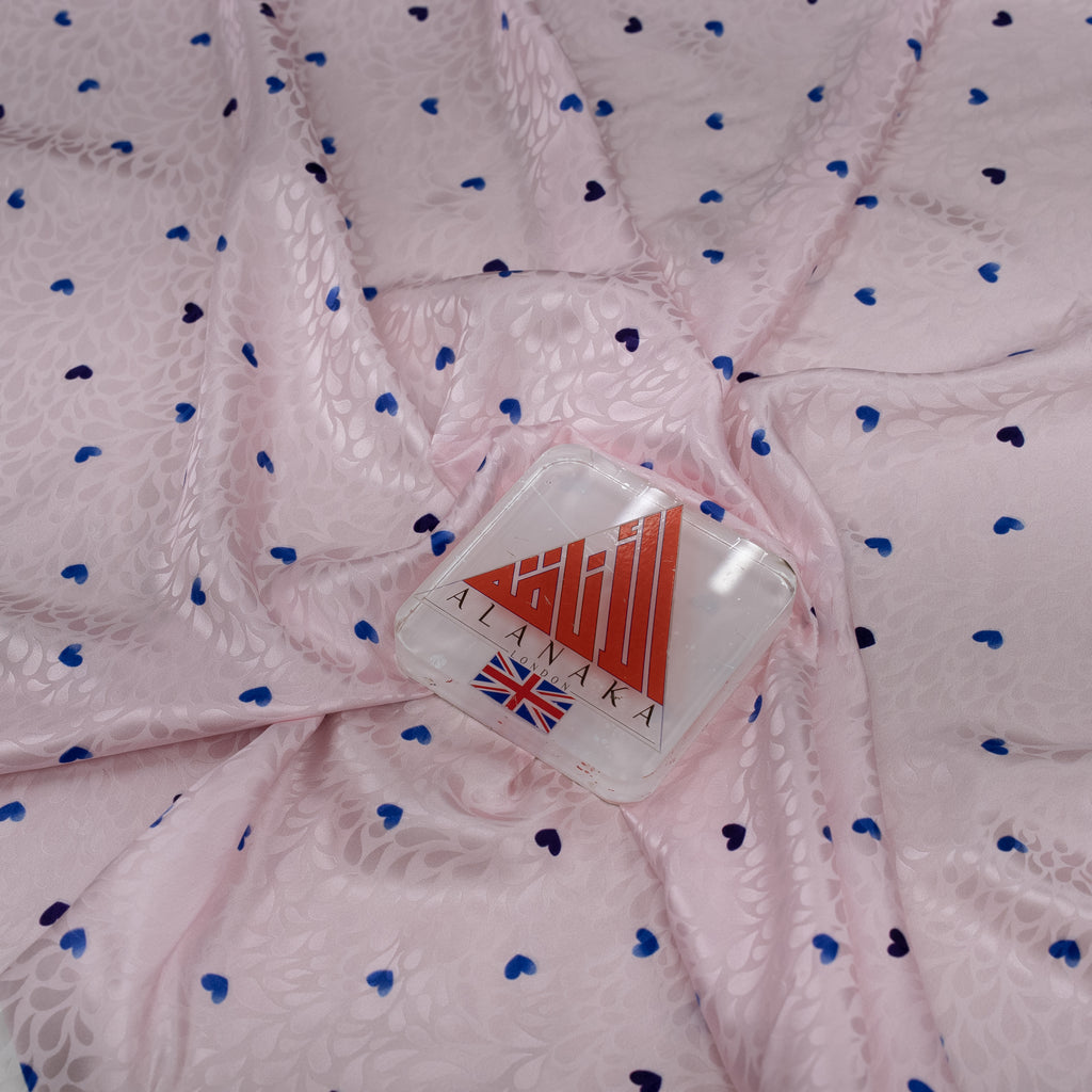 Silk Jacquard - Geometric - Blue Love Hearts on Pink