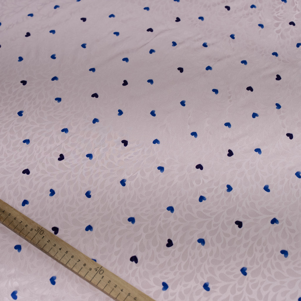 Silk Jacquard - Geometric - Blue Love Hearts on Pink