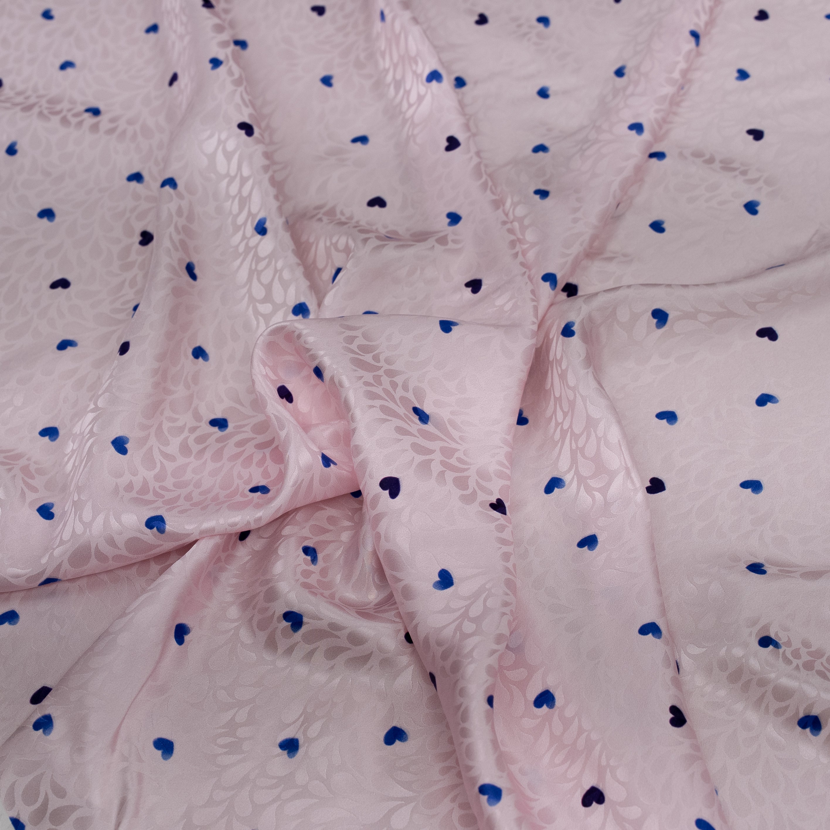 Silk Jacquard - Geometric - Blue Love Hearts on Pink