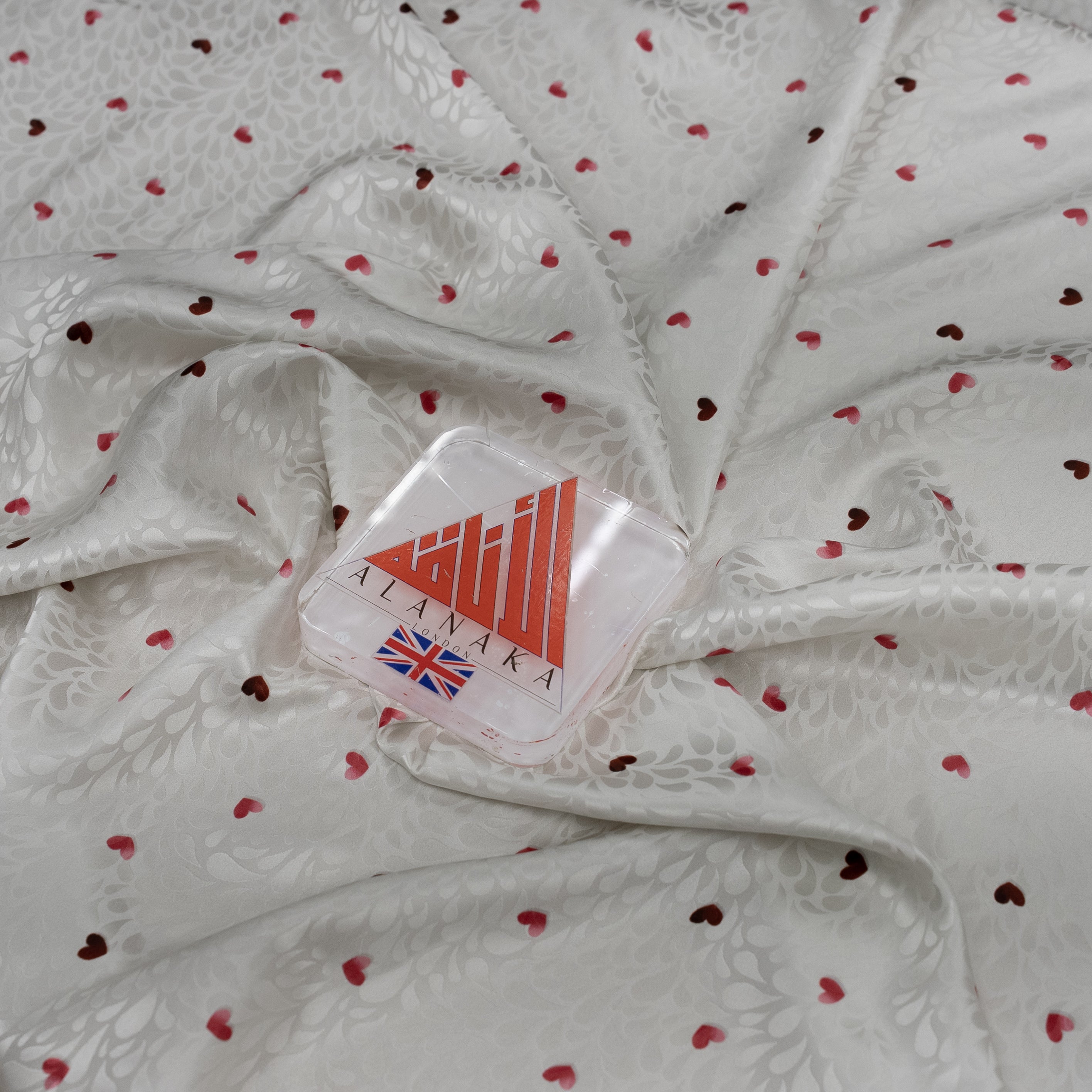 Silk Jacquard - Geometric - Red Love Hearts on White