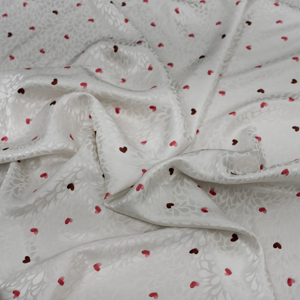 Silk Jacquard - Geometric - Red Love Hearts on White