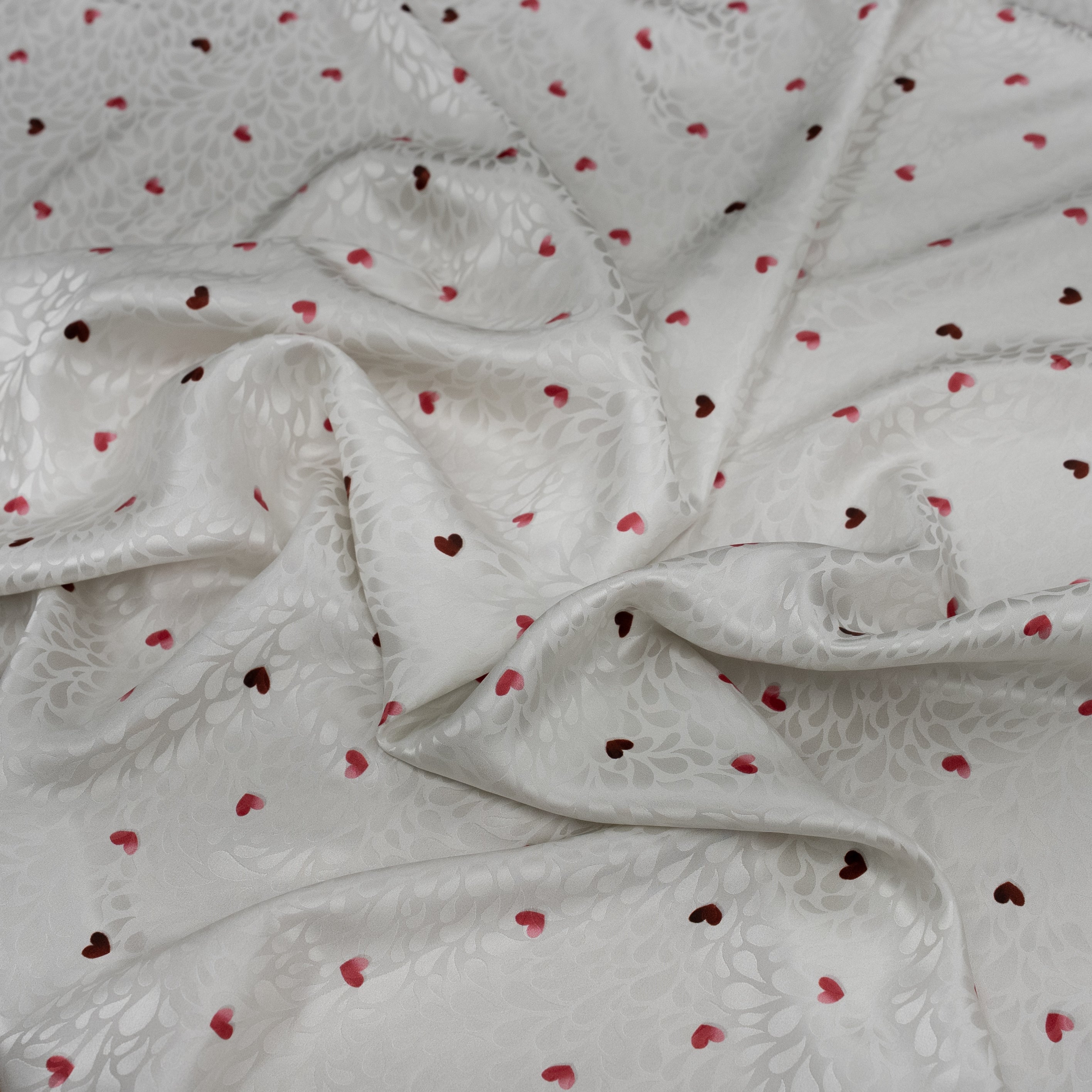 Silk Jacquard - Geometric - Red Love Hearts on White