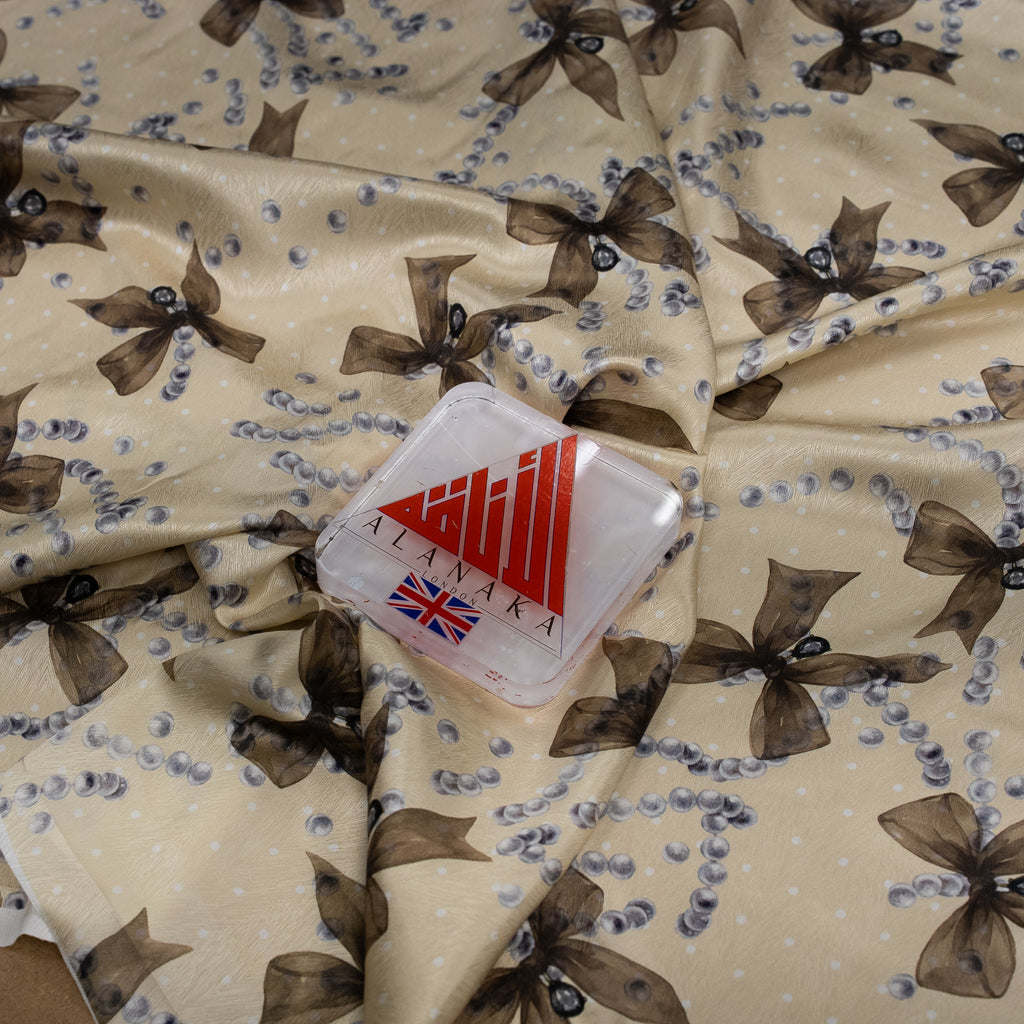 Silk Jacquard - Jewels - Pearls & Brown Bows on Cream