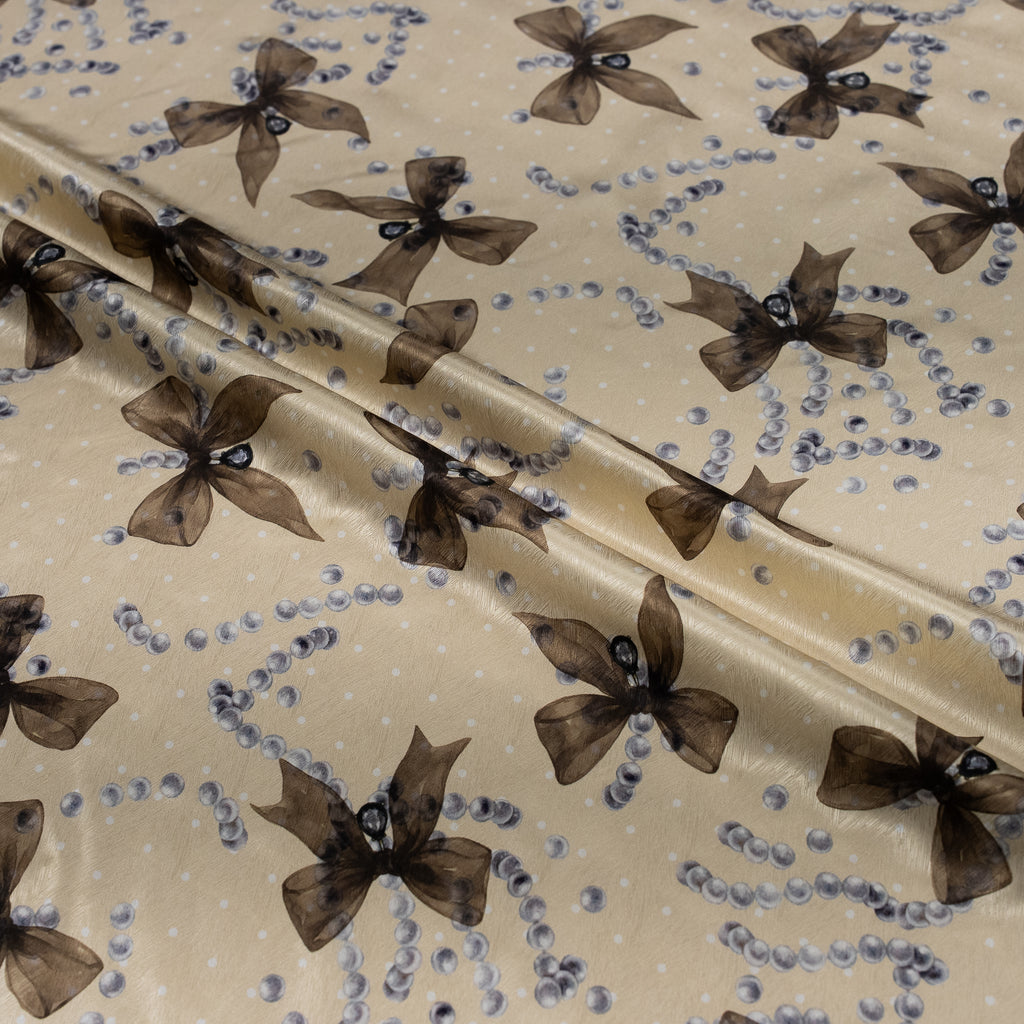 Silk Jacquard - Jewels - Pearls & Brown Bows on Cream