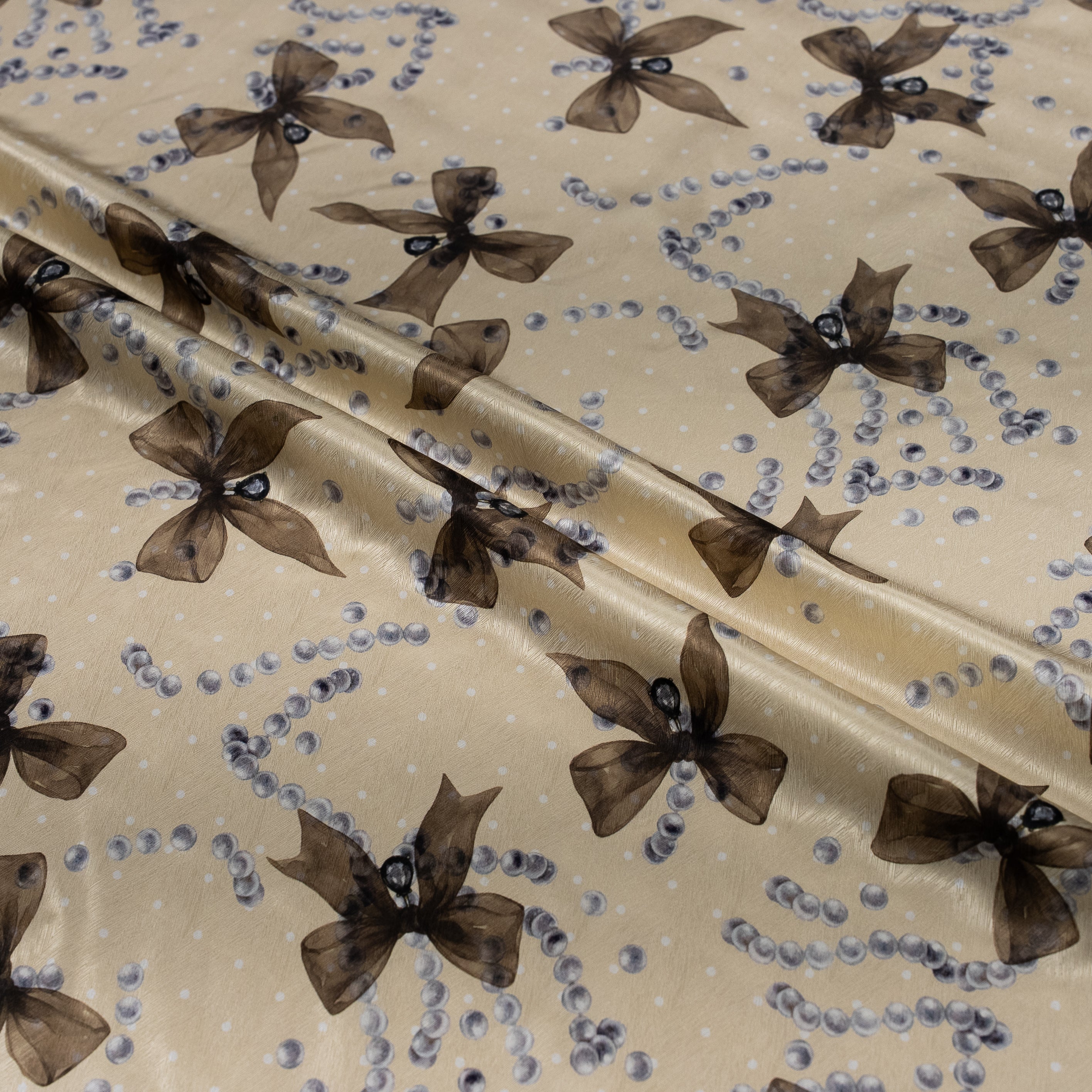Silk Jacquard - Jewels - Pearls & Brown Bows on Cream