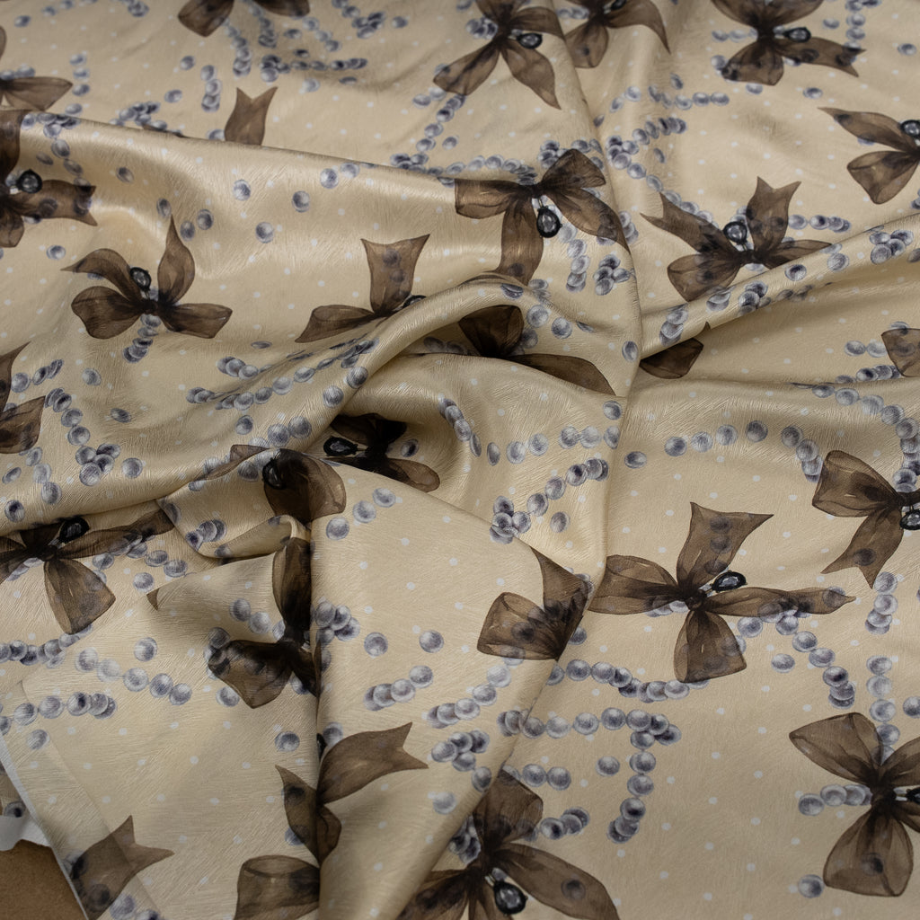 Silk Jacquard - Jewels - Pearls & Brown Bows on Cream