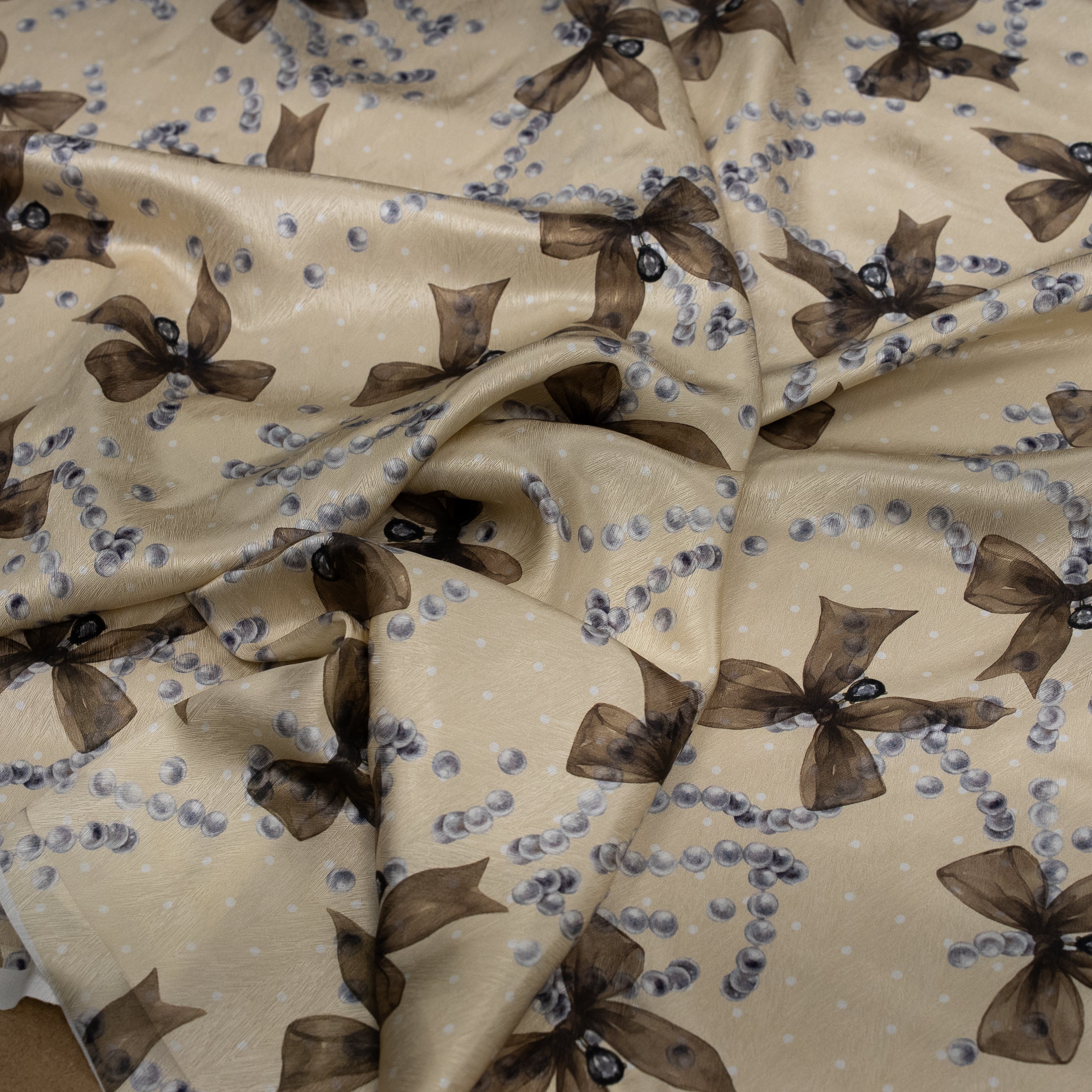 Silk Jacquard - Jewels - Pearls & Brown Bows on Cream