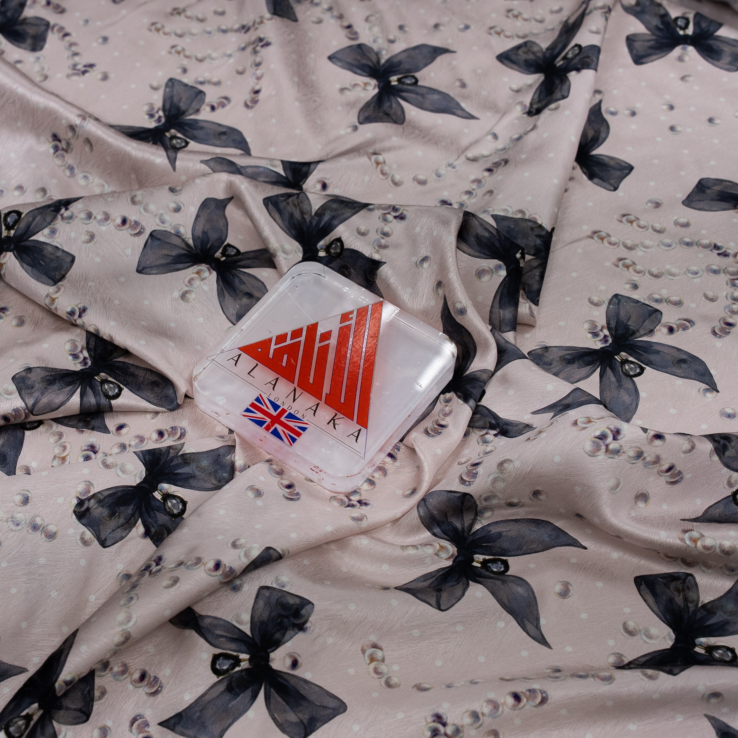 Silk Jacquard - Jewels - Pearls & Midnight Bows on Rose Pink