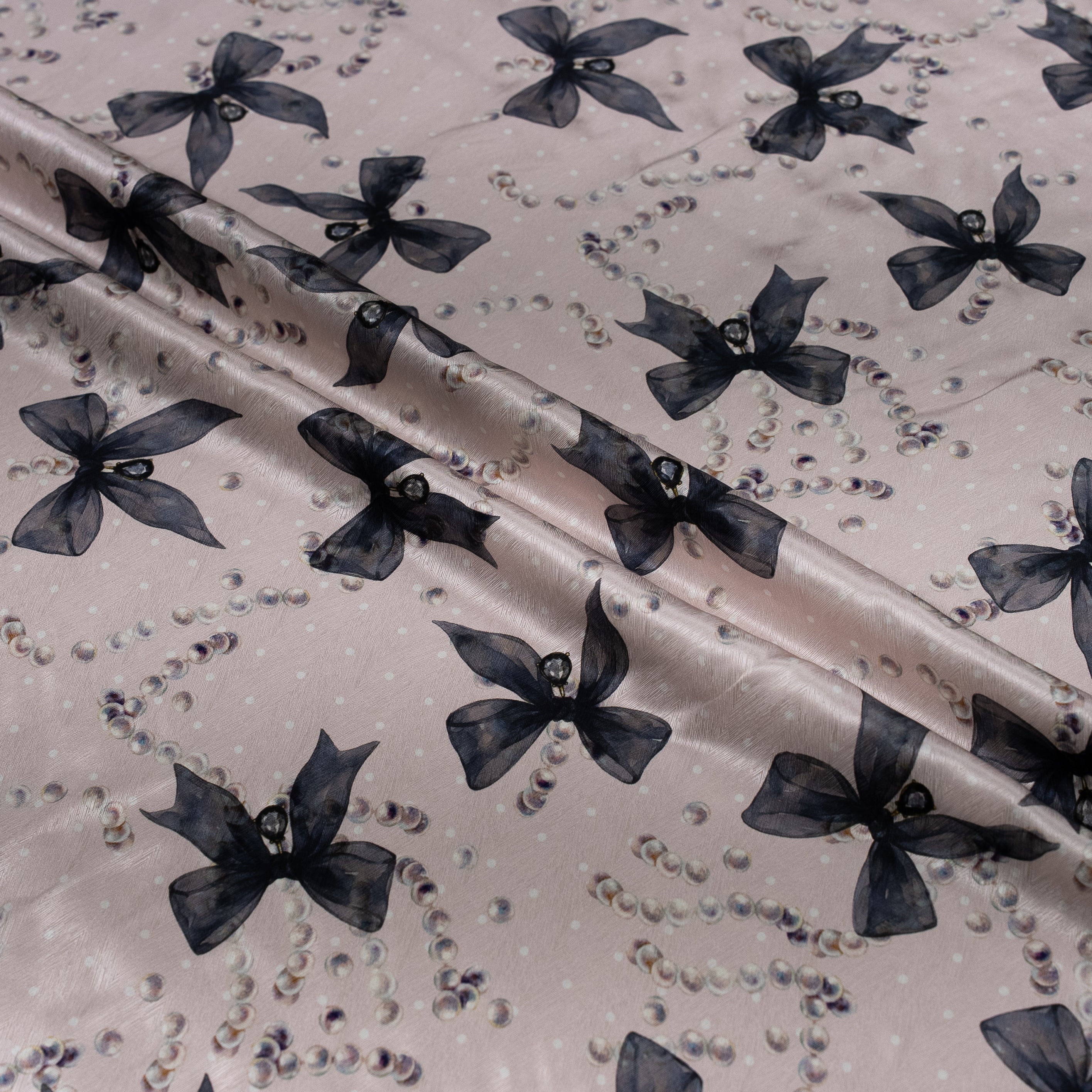 Silk Jacquard - Jewels - Pearls & Midnight Bows on Rose Pink