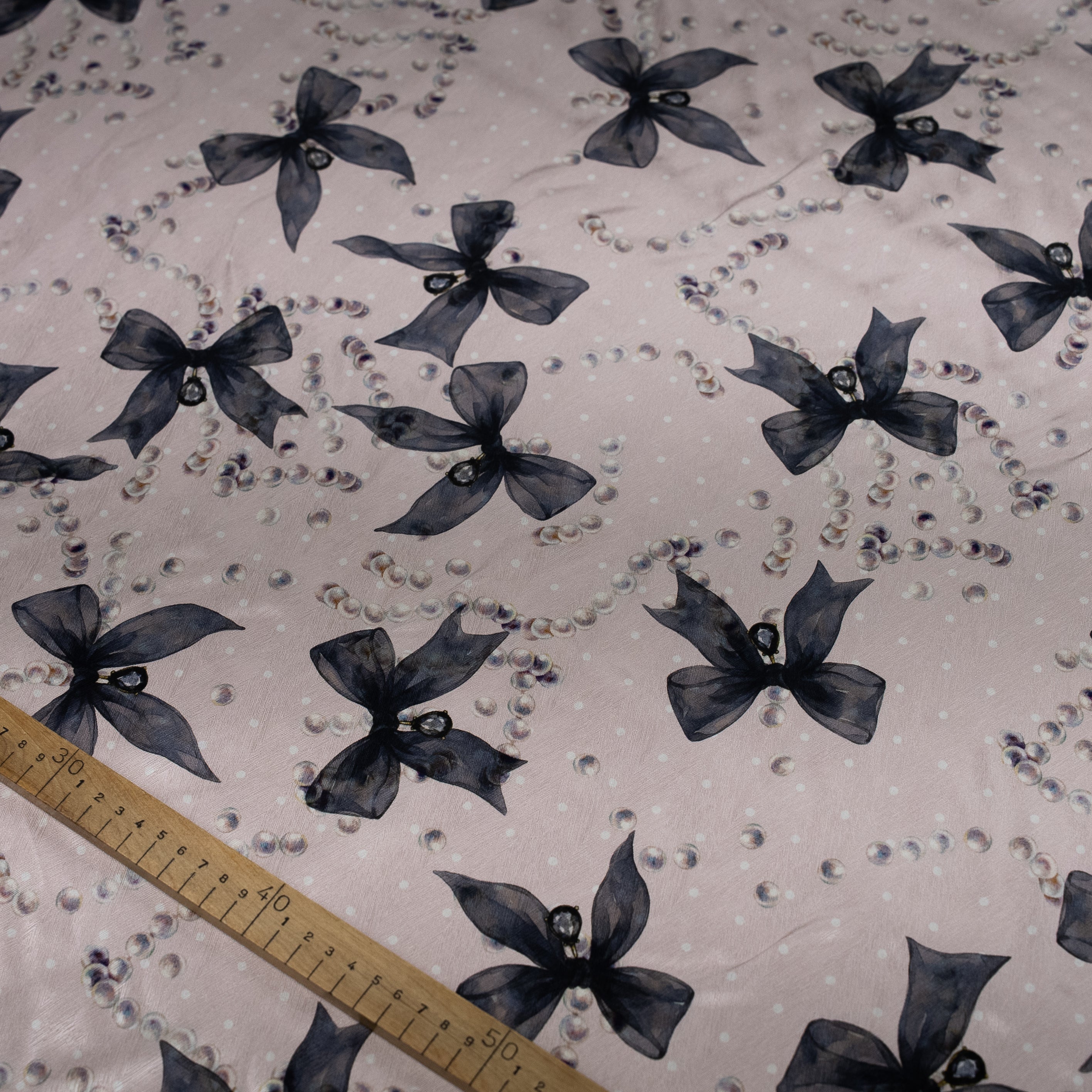 Silk Jacquard - Jewels - Pearls & Midnight Bows on Rose Pink