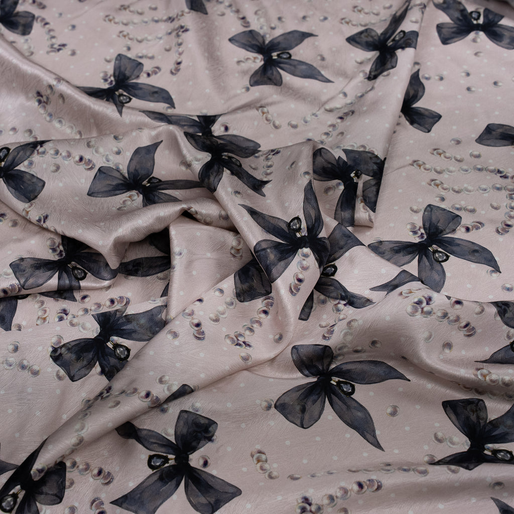 Silk Jacquard - Jewels - Pearls & Midnight Bows on Rose Pink