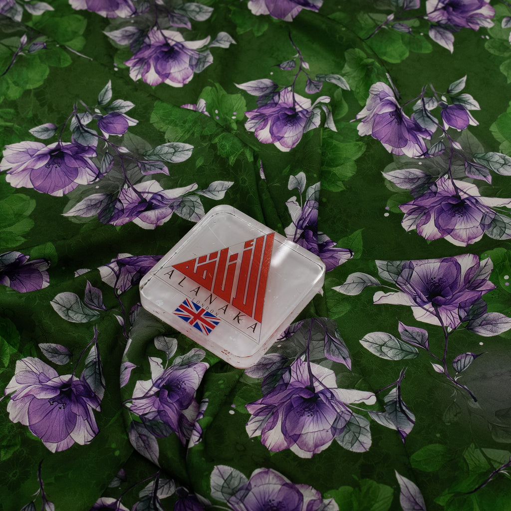 Silk Jacquard - Floral - Purple Flowers on Green