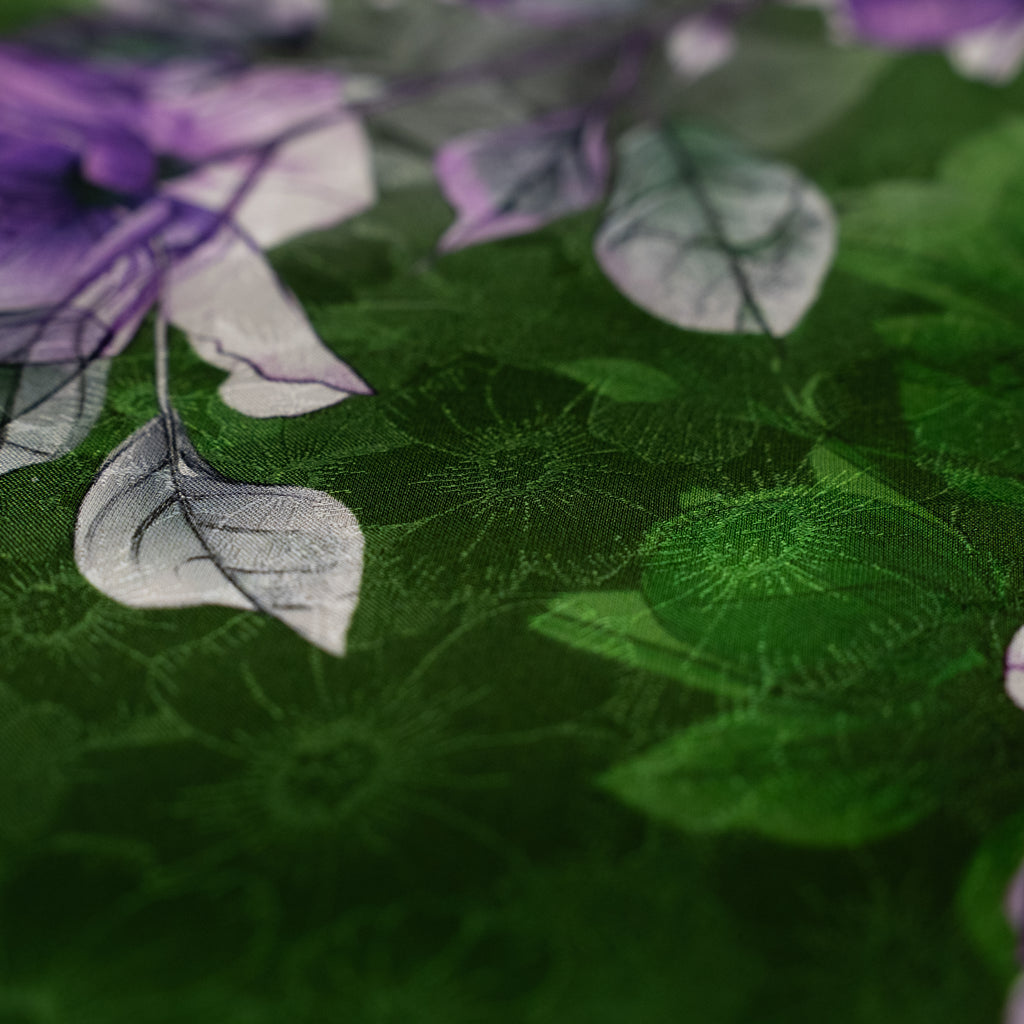 Silk Jacquard - Floral - Purple Flowers on Green