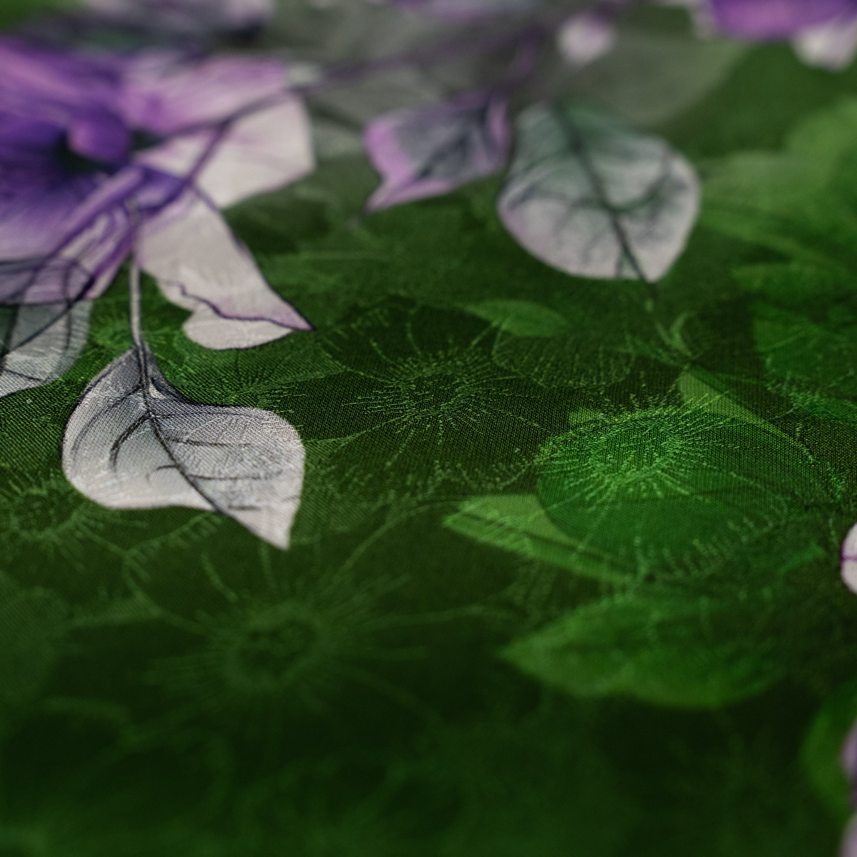 Silk Jacquard - Floral - Purple Flowers on Green